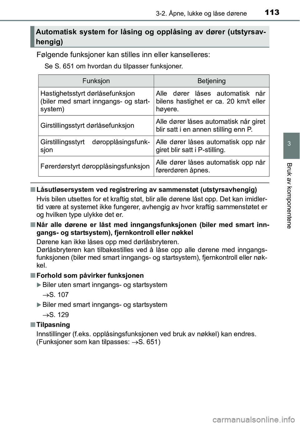 TOYOTA RAV4 2016  Instruksjoner for bruk (in Norwegian) 1133-2. Åpne, lukke og låse dørene
3
Bruk av komponentene
Følgende funksjoner kan stilles inn eller kanselleres:
Se S. 651 om hvordan du tilpasser funksjoner.
■Låsutløsersystem ved registrerin