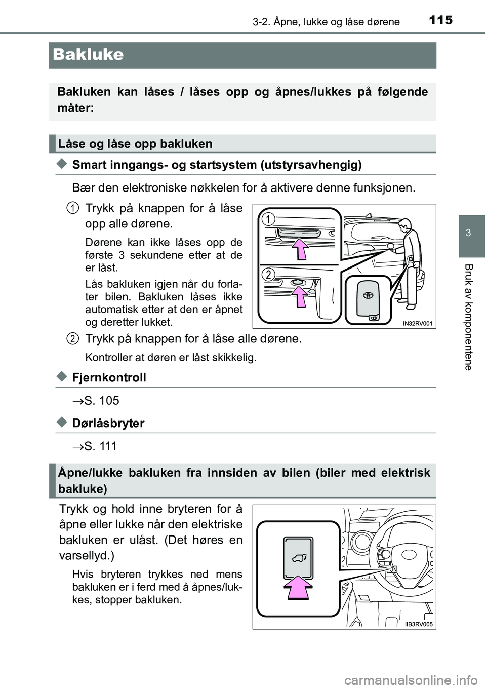 TOYOTA RAV4 2016  Instruksjoner for bruk (in Norwegian) 115
3
3-2. Åpne, lukke og låse dørene
Bruk av komponentene
Bakluke
◆Smart inngangs- og startsystem (utstyrsavhengig)
Bær den elektroniske nøkkelen for å aktivere denne funksjonen.
Trykk på kn