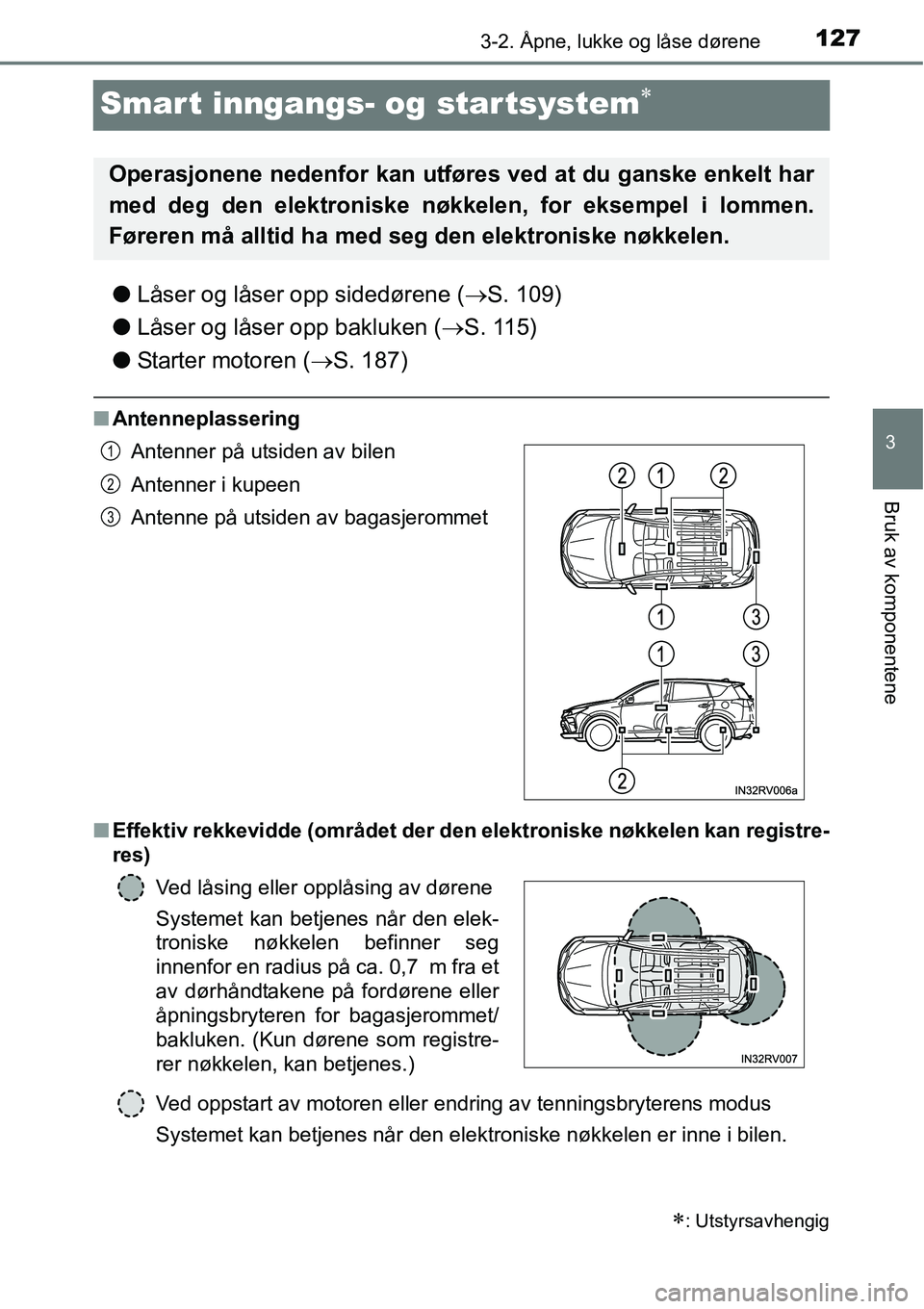 TOYOTA RAV4 2016  Instruksjoner for bruk (in Norwegian) 127
3
3-2. Åpne, lukke og låse dørene
Bruk av komponentene
Smart inngangs- og star tsystem∗
●Låser og låser opp sidedørene (→S. 109)
●Låser og låser opp bakluken (→S. 115)
●Starter