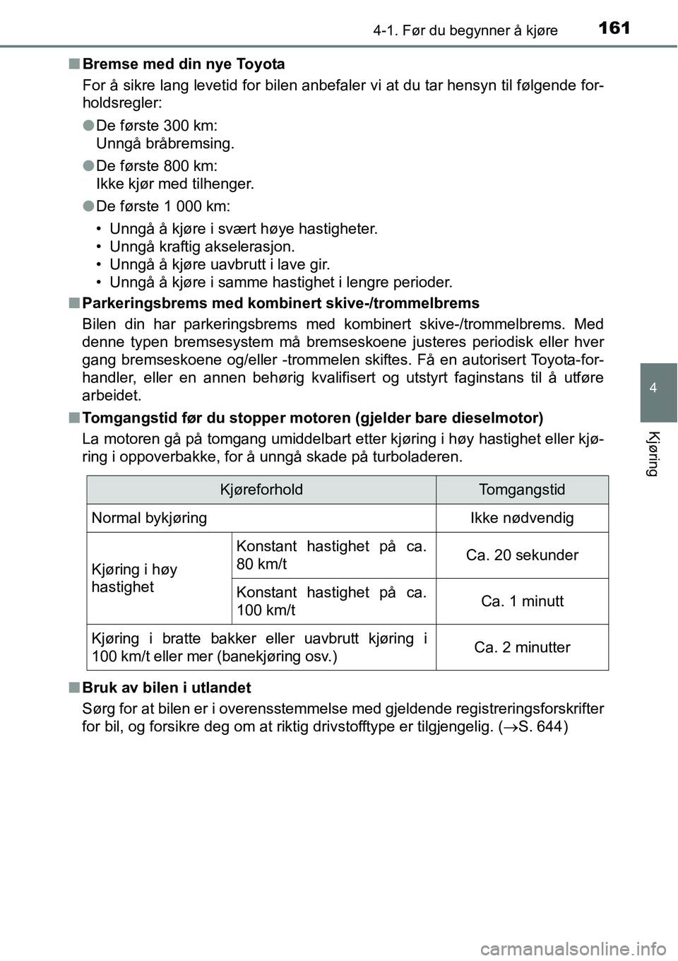 TOYOTA RAV4 2016  Instruksjoner for bruk (in Norwegian) 1614-1. Før du begynner å kjøre
4
Kjøring
■Bremse med din nye Toyota
For å sikre lang levetid for bilen anbefaler vi at du tar hensyn til følgende for-
holdsregler:
●De første 300 km:
Unng