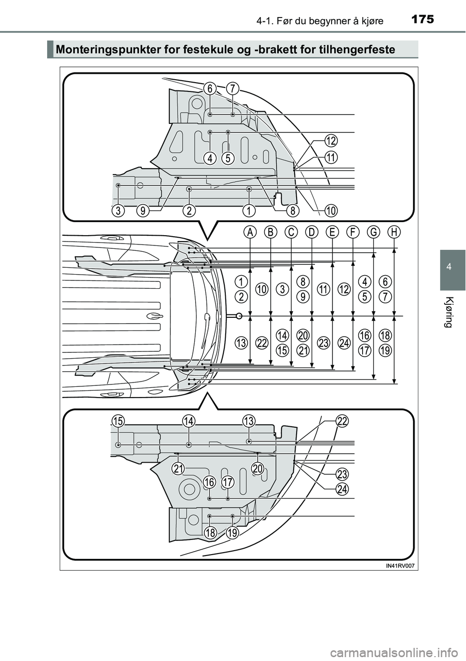 TOYOTA RAV4 2016 Instruksjoner for bruk (in Norwegian) 1754-1. Før du begynner å kjøre
4
Kjøring
Monteringspunkter for festekule og -brakett for tilhengerfeste TOYOTA RAV4 2016 Instruksjoner for bruk (in Norwegian) 1754-1. Før du begynner å kjøre
4
Kjøring
Monteringspunkter for festekule og -brakett for tilhengerfeste