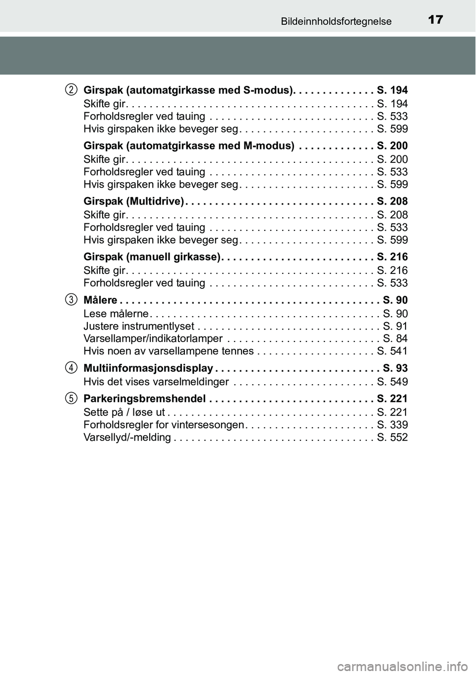 TOYOTA RAV4 2016 Instruksjoner for bruk (in Norwegian) 17Bildeinnholdsfortegnelse
Girspak (automatgirkasse med S-modus). . . . . . . . . . . . . . S. 194
Skifte gir. . . . . . . . . . . . . . . . . . . . . . . . . . . . . . . . . . . . . . . . . . S. 194
TOYOTA RAV4 2016 Instruksjoner for bruk (in Norwegian) 17Bildeinnholdsfortegnelse
Girspak (automatgirkasse med S-modus). . . . . . . . . . . . . . S. 194
Skifte gir. . . . . . . . . . . . . . . . . . . . . . . . . . . . . . . . . . . . . . . . . . S. 194