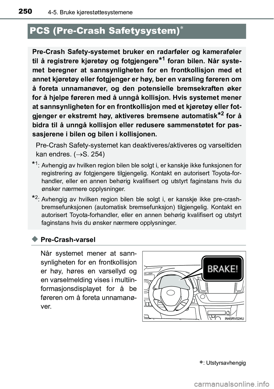 TOYOTA RAV4 2016 Instruksjoner for bruk (in Norwegian) 2504-5. Bruke kjørestøttesystemene
PCS (Pre-Crash Safetysystem)∗
◆Pre-Crash-varsel
Når systemet mener at sann-
synligheten for en frontkollisjon
er høy, høres en varsellyd og
en varselmelding TOYOTA RAV4 2016 Instruksjoner for bruk (in Norwegian) 2504-5. Bruke kjørestøttesystemene
PCS (Pre-Crash Safetysystem)∗
◆Pre-Crash-varsel
Når systemet mener at sann-
synligheten for en frontkollisjon
er høy, høres en varsellyd og
en varselmelding
