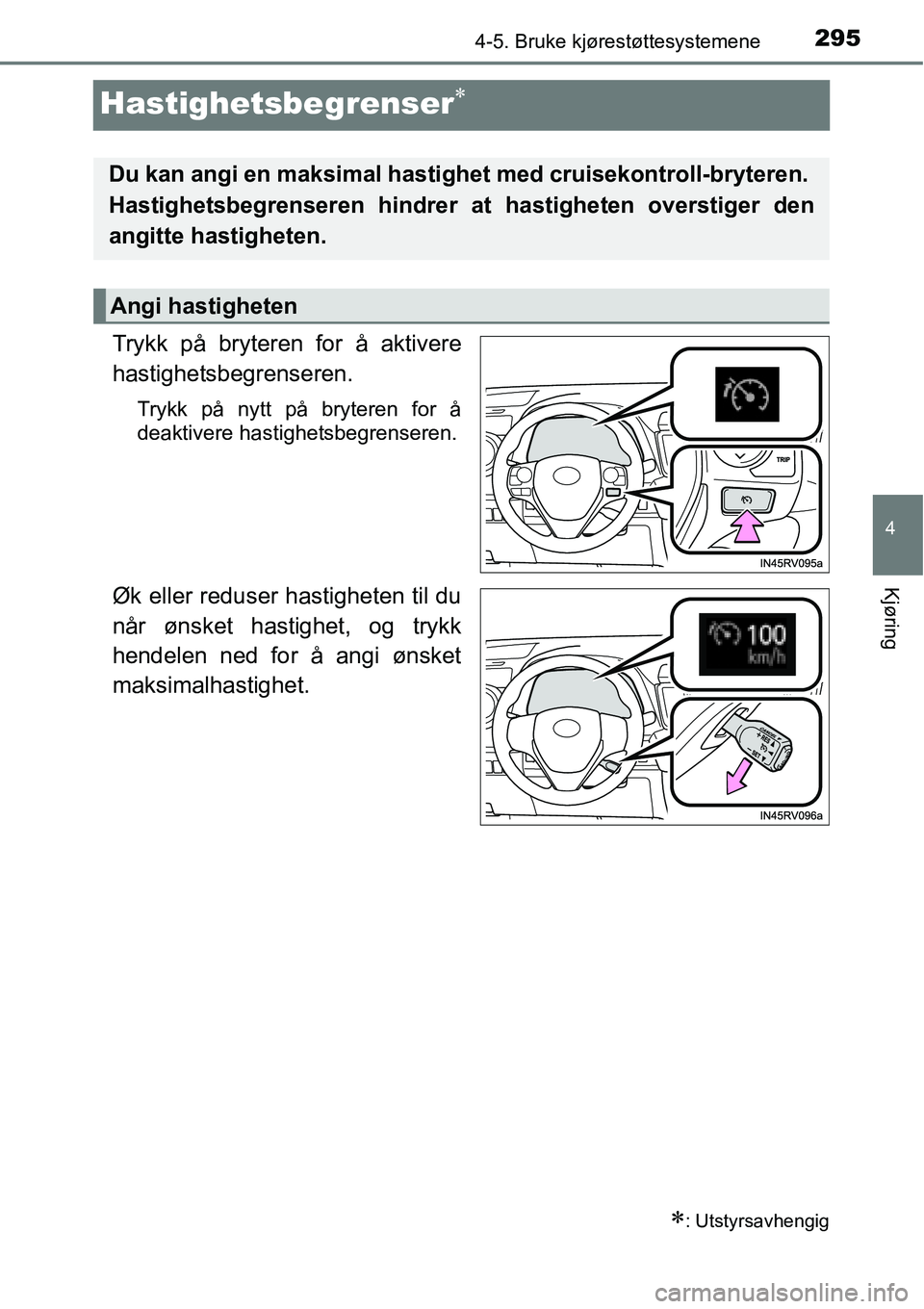 TOYOTA RAV4 2016 Instruksjoner for bruk (in Norwegian) 295
4
4-5. Bruke kjørestøttesystemene
Kjøring
Hastighetsbegrenser∗
Trykk på bryteren for å aktivere
hastighetsbegrenseren.
Trykk på nytt på bryteren for å
deaktivere hastighetsbegrenseren.
TOYOTA RAV4 2016 Instruksjoner for bruk (in Norwegian) 295
4
4-5. Bruke kjørestøttesystemene
Kjøring
Hastighetsbegrenser∗
Trykk på bryteren for å aktivere
hastighetsbegrenseren.
Trykk på nytt på bryteren for å
deaktivere hastighetsbegrenseren.