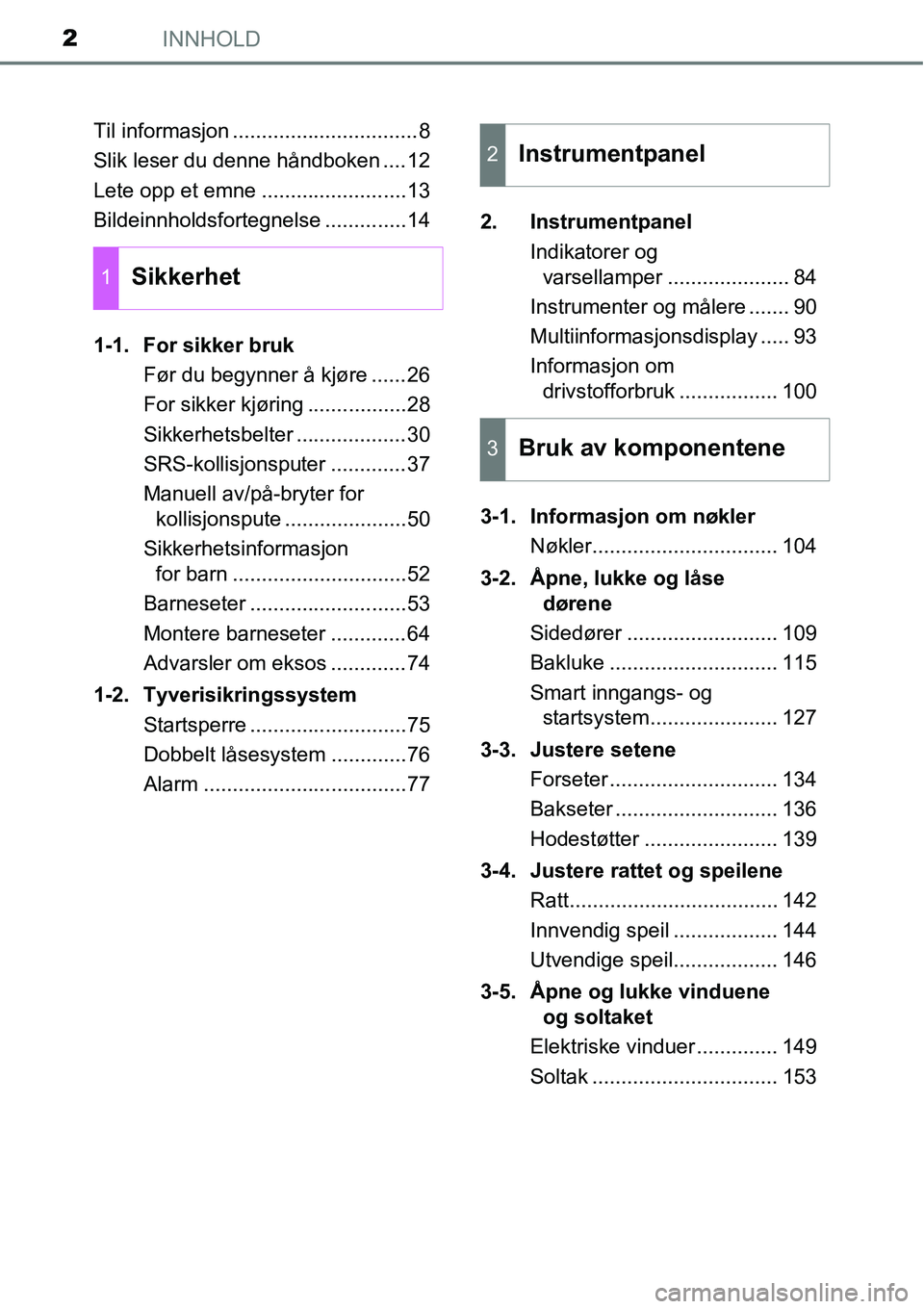 TOYOTA RAV4 2016 Instruksjoner for bruk (in Norwegian) INNHOLD2
Til informasjon ................................8
Slik leser du denne håndboken ....12
Lete opp et emne .........................13
Bildeinnholdsfortegnelse ..............14
1-1. For sikker TOYOTA RAV4 2016 Instruksjoner for bruk (in Norwegian) INNHOLD2
Til informasjon ................................8
Slik leser du denne håndboken ....12
Lete opp et emne .........................13
Bildeinnholdsfortegnelse ..............14
1-1. For sikker