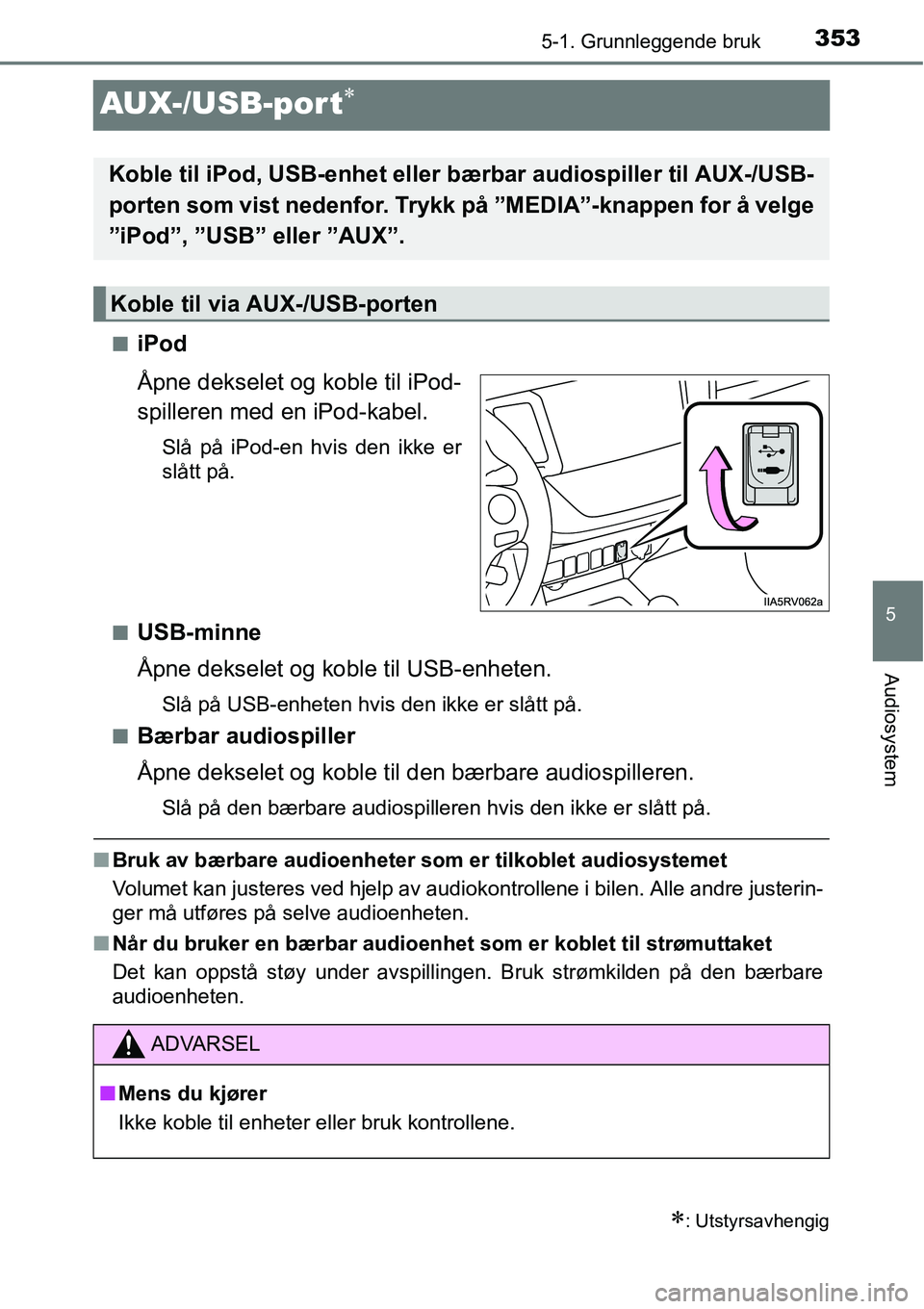 TOYOTA RAV4 2016  Instruksjoner for bruk (in Norwegian) 353
5
5-1. Grunnleggende bruk
Audiosystem
AUX-/USB-por t∗
■iPod
Åpne dekselet og koble til iPod-
spilleren med en iPod-kabel.
Slå på iPod-en hvis den ikke er
slått på.
■
USB-minne
Åpne dek