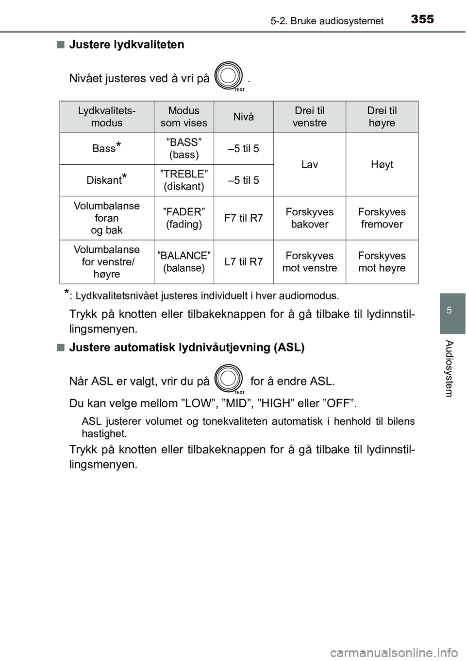 TOYOTA RAV4 2016 Instruksjoner for bruk (in Norwegian) 3555-2. Bruke audiosystemet
5
Audiosystem
■Justere lydkvaliteten
Nivået justeres ved å vri på .
*: Lydkvalitetsnivået justeres individuelt i hver audiomodus.
Trykk på knotten eller tilbakeknap TOYOTA RAV4 2016 Instruksjoner for bruk (in Norwegian) 3555-2. Bruke audiosystemet
5
Audiosystem
■Justere lydkvaliteten
Nivået justeres ved å vri på .
*: Lydkvalitetsnivået justeres individuelt i hver audiomodus.
Trykk på knotten eller tilbakeknap