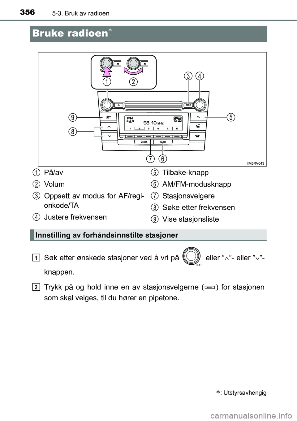TOYOTA RAV4 2016 Instruksjoner for bruk (in Norwegian) 3565-3. Bruk av radioen
Bruke radioen∗
Søk etter ønskede stasjoner ved å vri på eller ”∧”- eller ”∨”-
knappen.
Trykk på og hold inne en av stasjonsvelgerne ( ) for stasjonen
som s TOYOTA RAV4 2016 Instruksjoner for bruk (in Norwegian) 3565-3. Bruk av radioen
Bruke radioen∗
Søk etter ønskede stasjoner ved å vri på eller ”∧”- eller ”∨”-
knappen.
Trykk på og hold inne en av stasjonsvelgerne ( ) for stasjonen
som s