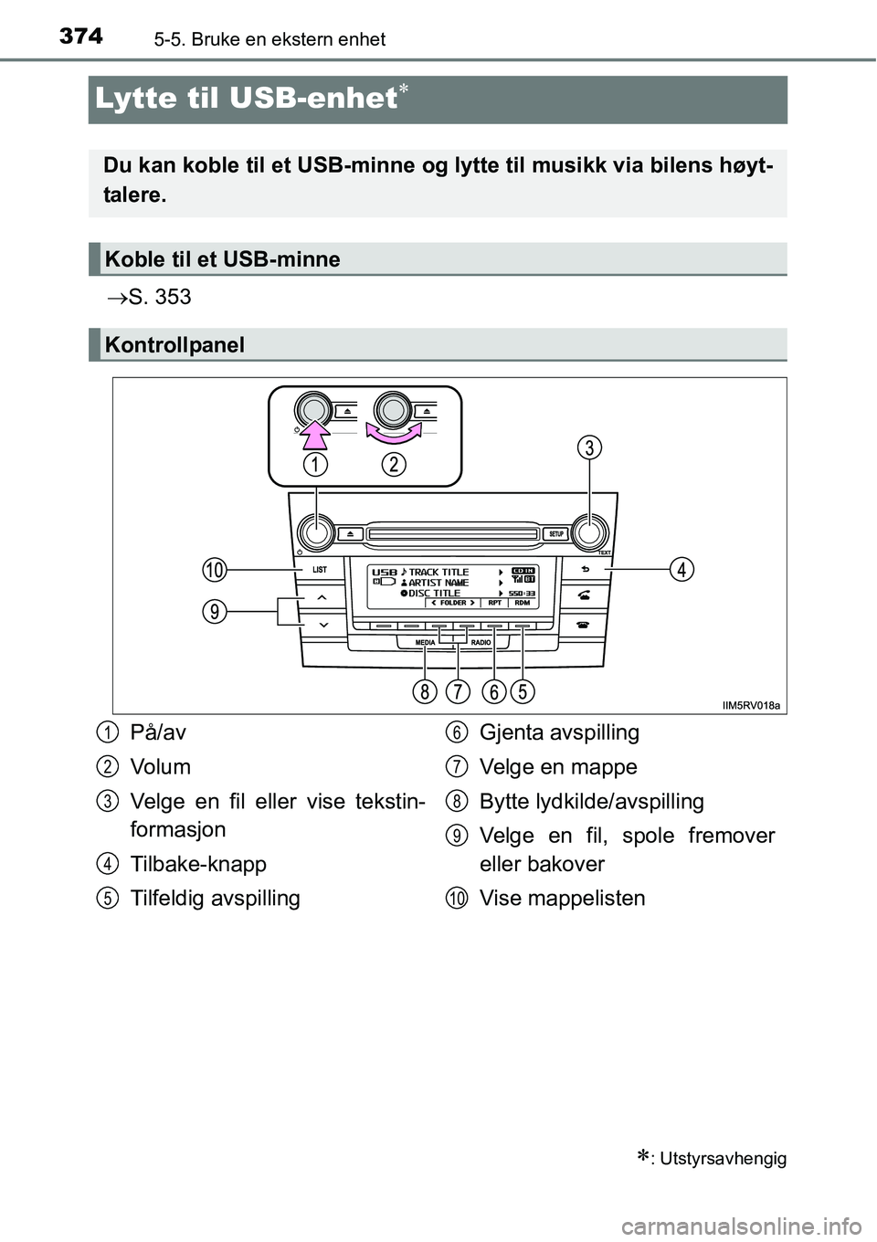 TOYOTA RAV4 2016 Instruksjoner for bruk (in Norwegian) 3745-5. Bruke en ekstern enhet
Lytte til USB-enhet∗
→S. 353
∗: Utstyrsavhengig
Du kan koble til et USB-minne og lytte til musikk via bilens høyt-
talere.
Koble til et USB-minne
Kontrollpanel
P TOYOTA RAV4 2016 Instruksjoner for bruk (in Norwegian) 3745-5. Bruke en ekstern enhet
Lytte til USB-enhet∗
→S. 353
∗: Utstyrsavhengig
Du kan koble til et USB-minne og lytte til musikk via bilens høyt-
talere.
Koble til et USB-minne
Kontrollpanel
P