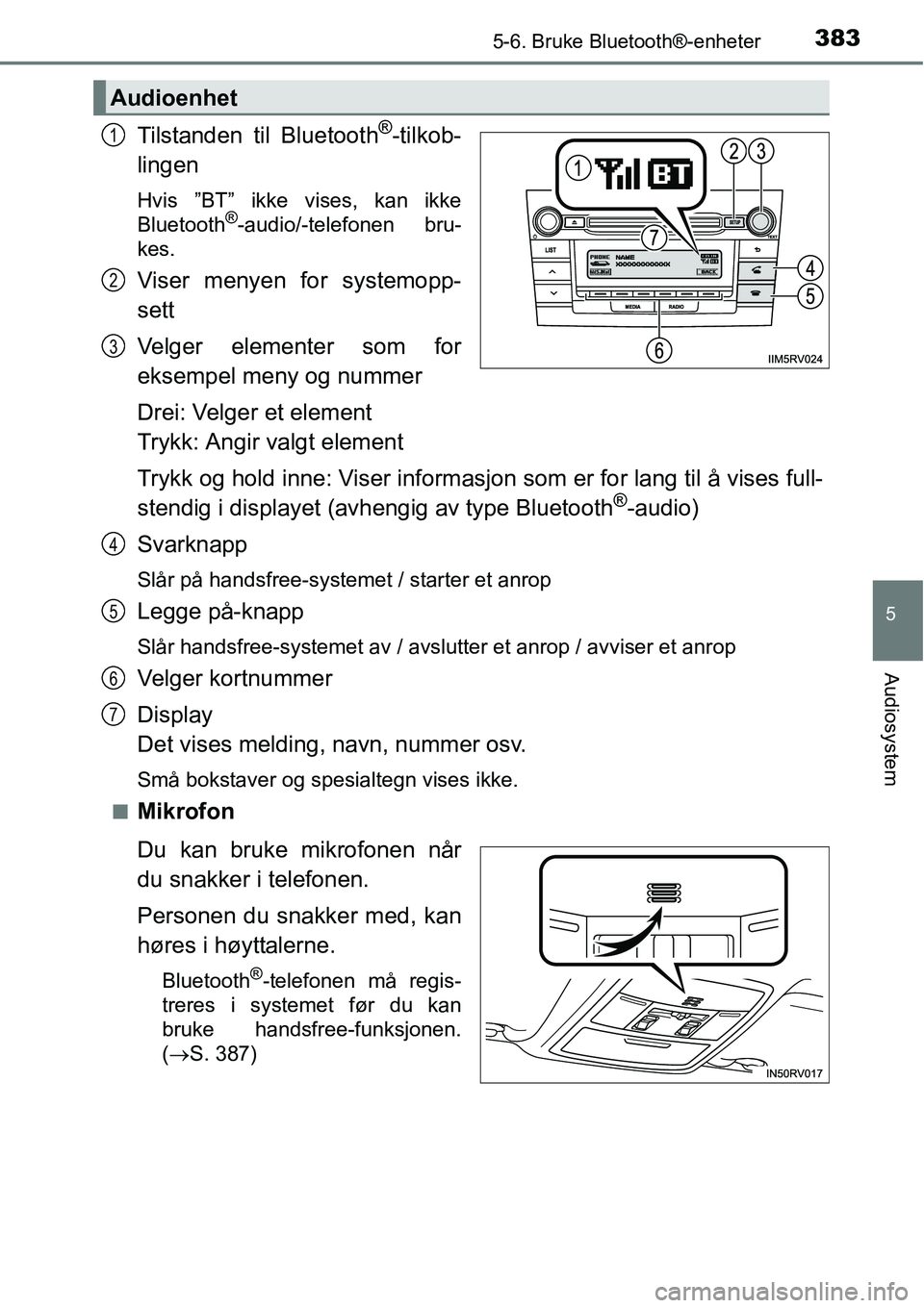 TOYOTA RAV4 2016 Instruksjoner for bruk (in Norwegian) 3835-6. Bruke Bluetooth®-enheter
5
Audiosystem
Tilstanden til Bluetooth®-tilkob-
lingen
Hvis ”BT” ikke vises, kan ikke
Bluetooth®-audio/-telefonen bru-
kes.
Viser menyen for systemopp-
sett
Vel TOYOTA RAV4 2016 Instruksjoner for bruk (in Norwegian) 3835-6. Bruke Bluetooth®-enheter
5
Audiosystem
Tilstanden til Bluetooth®-tilkob-
lingen
Hvis ”BT” ikke vises, kan ikke
Bluetooth®-audio/-telefonen bru-
kes.
Viser menyen for systemopp-
sett
Vel