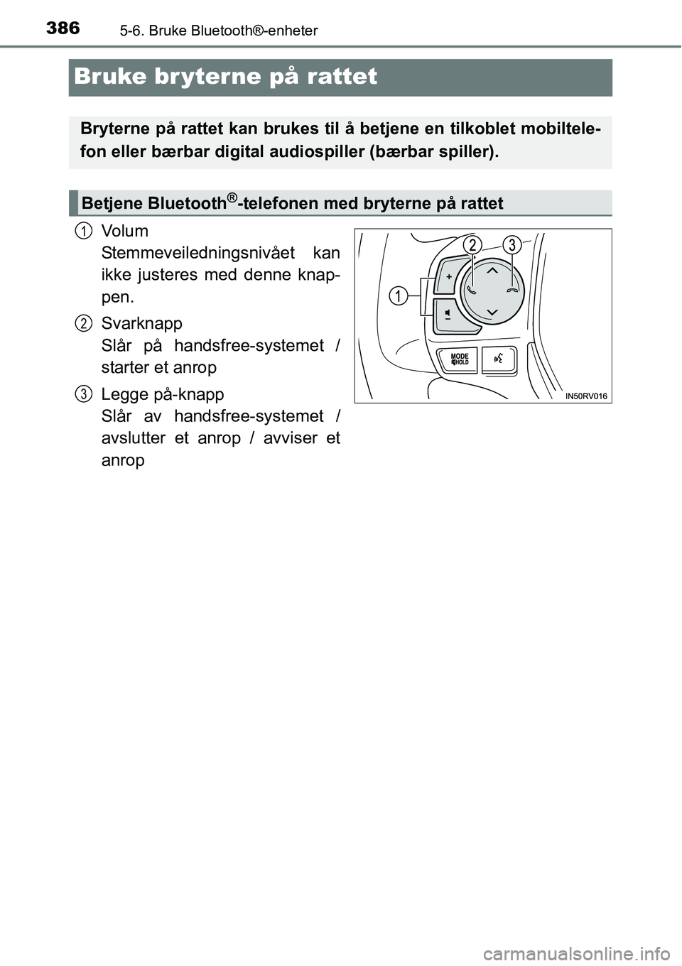TOYOTA RAV4 2016 Instruksjoner for bruk (in Norwegian) 3865-6. Bruke Bluetooth®-enheter
Bruke br yterne på rattet
Vo l u m
Stemmeveiledningsnivået kan
ikke justeres med denne knap-
pen.
Svarknapp
Slår på handsfree-systemet /
starter et anrop
Legge p TOYOTA RAV4 2016 Instruksjoner for bruk (in Norwegian) 3865-6. Bruke Bluetooth®-enheter
Bruke br yterne på rattet
Vo l u m
Stemmeveiledningsnivået kan
ikke justeres med denne knap-
pen.
Svarknapp
Slår på handsfree-systemet /
starter et anrop
Legge p