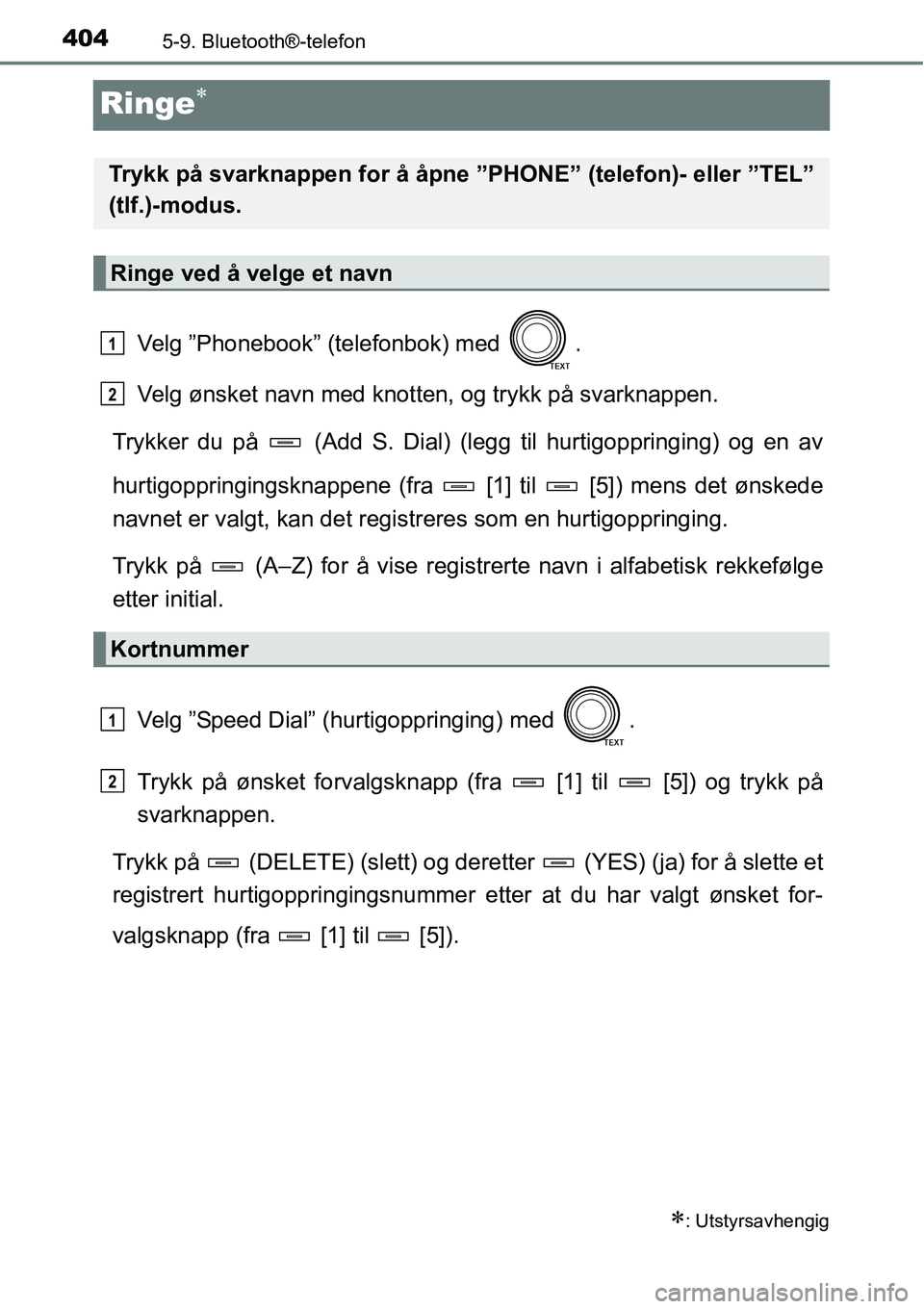 TOYOTA RAV4 2016 Instruksjoner for bruk (in Norwegian) 4045-9. Bluetooth®-telefon
Ringe∗
Velg ”Phonebook” (telefonbok) med .
Velg ønsket navn med knotten, og trykk på svarknappen.
Trykker du på (Add S. Dial) (legg til hurtigoppringing) og en TOYOTA RAV4 2016 Instruksjoner for bruk (in Norwegian) 4045-9. Bluetooth®-telefon
Ringe∗
Velg ”Phonebook” (telefonbok) med .
Velg ønsket navn med knotten, og trykk på svarknappen.
Trykker du på (Add S. Dial) (legg til hurtigoppringing) og en