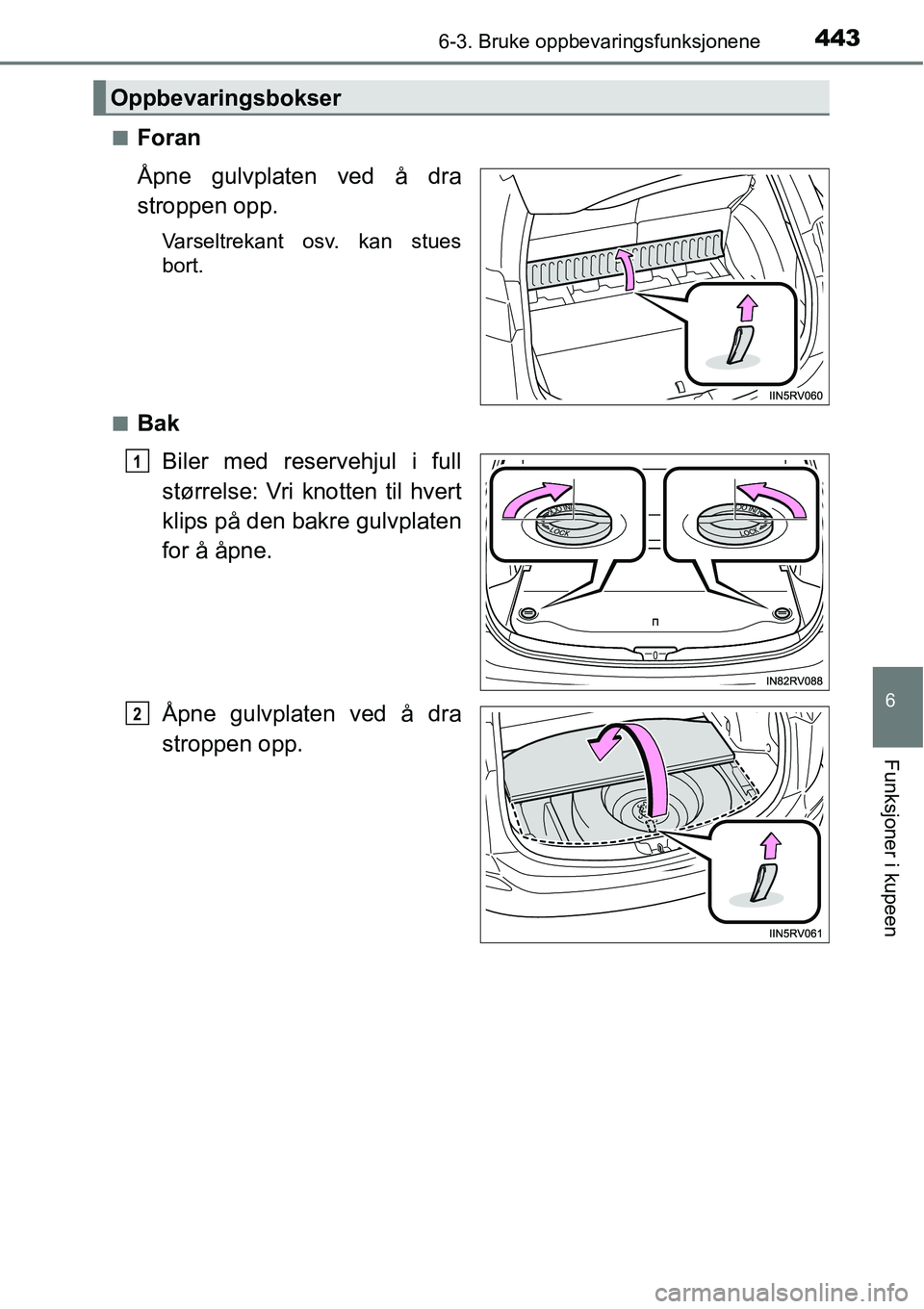 TOYOTA RAV4 2016  Instruksjoner for bruk (in Norwegian) 4436-3. Bruke oppbevaringsfunksjonene
6
Funksjoner i kupeen
■Foran
Åpne gulvplaten ved å dra
stroppen opp.
Varseltrekant osv. kan stues
bort.
■
Bak
Biler med reservehjul i full
størrelse: Vri k