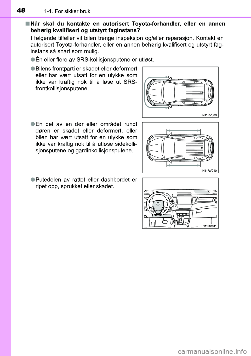 TOYOTA RAV4 2016 Instruksjoner for bruk (in Norwegian) 481-1. For sikker bruk
■Når skal du kontakte en autorisert Toyota-forhandler, eller en annen
behørig kvalifisert og utstyrt faginstans?
I følgende tilfeller vil bilen trenge inspeksjon og/eller r TOYOTA RAV4 2016 Instruksjoner for bruk (in Norwegian) 481-1. For sikker bruk
■Når skal du kontakte en autorisert Toyota-forhandler, eller en annen
behørig kvalifisert og utstyrt faginstans?
I følgende tilfeller vil bilen trenge inspeksjon og/eller r