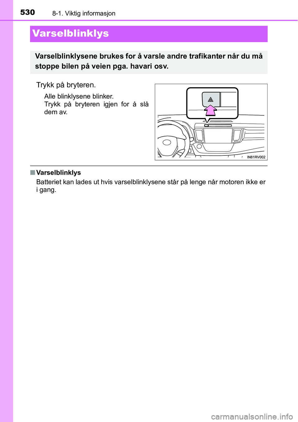 TOYOTA RAV4 2016 Instruksjoner for bruk (in Norwegian) 5308-1. Viktig informasjon
Varselblinklys
Trykk på bryteren.
Alle blinklysene blinker.
Trykk på bryteren igjen for å slå
dem av.
■Varselblinklys
Batteriet kan lades ut hvis varselblinklysene st TOYOTA RAV4 2016 Instruksjoner for bruk (in Norwegian) 5308-1. Viktig informasjon
Varselblinklys
Trykk på bryteren.
Alle blinklysene blinker.
Trykk på bryteren igjen for å slå
dem av.
■Varselblinklys
Batteriet kan lades ut hvis varselblinklysene st