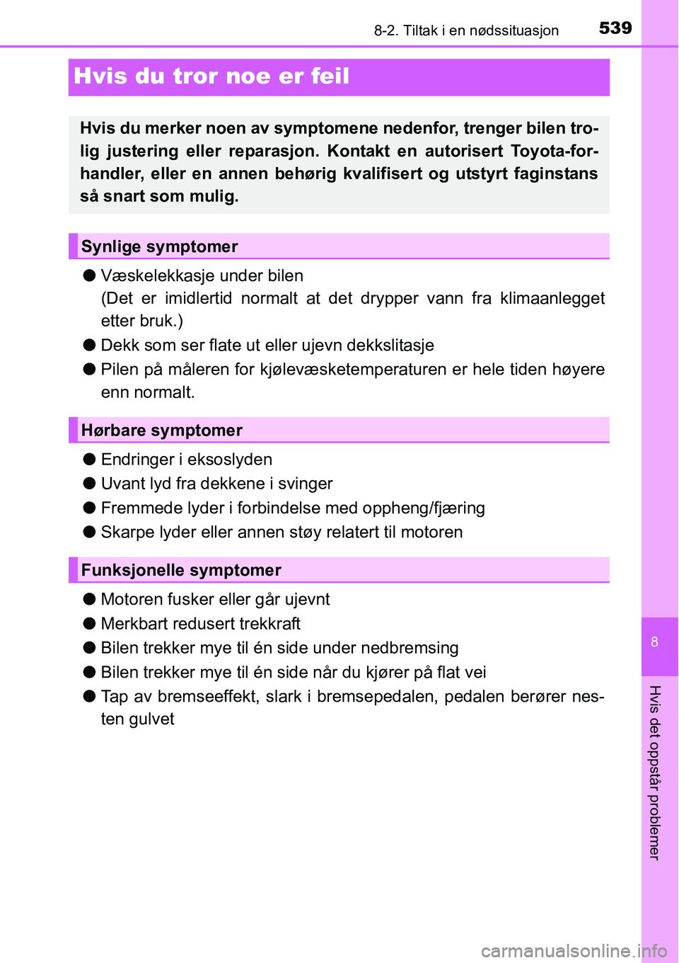 TOYOTA RAV4 2016  Instruksjoner for bruk (in Norwegian) 5398-2. Tiltak i en nødssituasjon
8
Hvis det oppstår problemer
Hvis du tror noe er feil
●Væskelekkasje under bilen
(Det er imidlertid normalt at det drypper vann fra klimaanlegget
etter bruk.)
