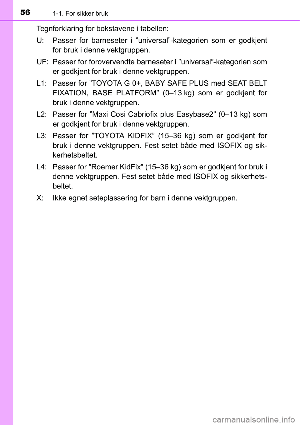 TOYOTA RAV4 2016  Instruksjoner for bruk (in Norwegian) 561-1. For sikker bruk
Tegnforklaring for bokstavene i tabellen:
U: Passer for barneseter i ”universal”-kategorien som er godkjent
for bruk i denne vektgruppen.
UF: Passer for forovervendte barnes
