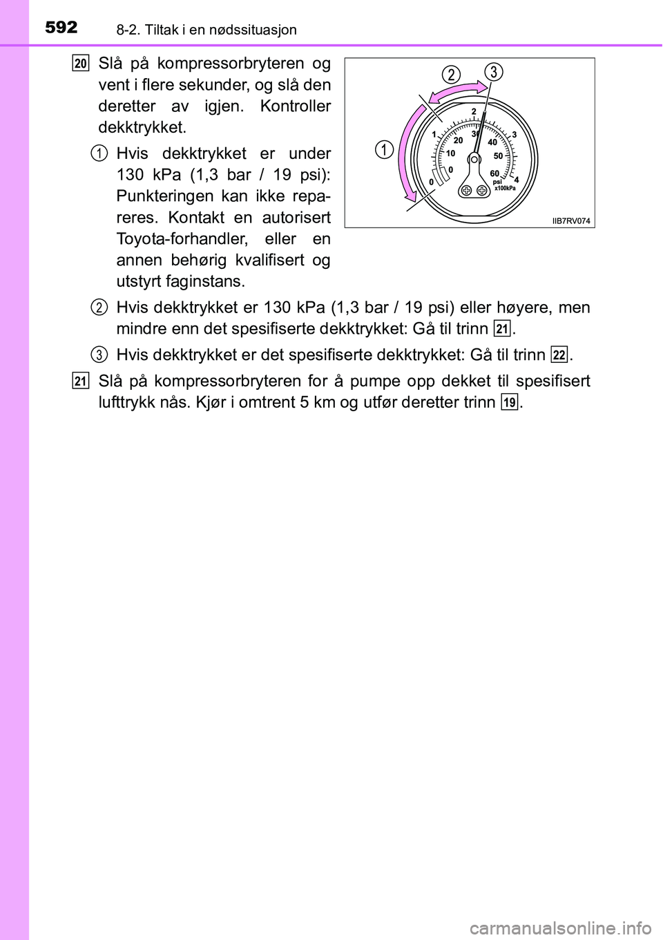 TOYOTA RAV4 2016 Instruksjoner for bruk (in Norwegian) 5928-2. Tiltak i en nødssituasjon
Slå på kompressorbryteren og
vent i flere sekunder, og slå den
deretter av igjen. Kontroller
dekktrykket.
Hvis dekktrykket er under
130 kPa (1,3 bar / 19 psi):
Pu TOYOTA RAV4 2016 Instruksjoner for bruk (in Norwegian) 5928-2. Tiltak i en nødssituasjon
Slå på kompressorbryteren og
vent i flere sekunder, og slå den
deretter av igjen. Kontroller
dekktrykket.
Hvis dekktrykket er under
130 kPa (1,3 bar / 19 psi):
Pu