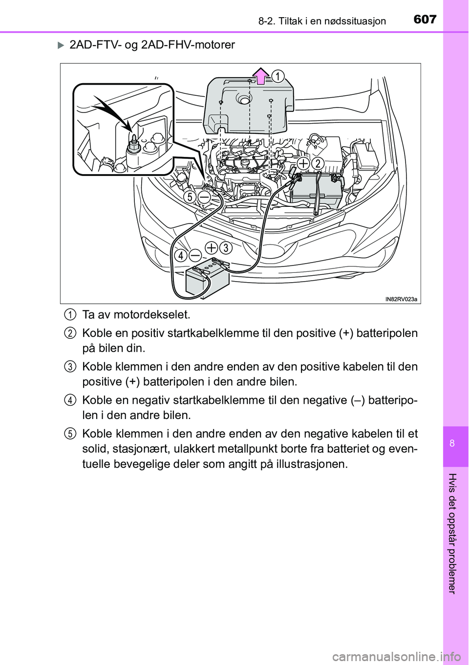 TOYOTA RAV4 2016  Instruksjoner for bruk (in Norwegian) 6078-2. Tiltak i en nødssituasjon
8
Hvis det oppstår problemer
�X2AD-FTV- og 2AD-FHV-motorer
Ta av motordekselet.
Koble en positiv startkabelklemme til den positive (+) batteripolen
på bilen din.
K