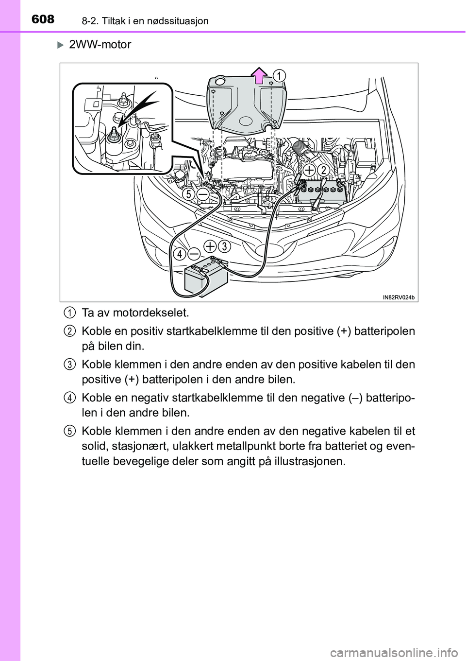 TOYOTA RAV4 2016  Instruksjoner for bruk (in Norwegian) 6088-2. Tiltak i en nødssituasjon
�X2WW-motor
Ta av motordekselet.
Koble en positiv startkabelklemme til den positive (+) batteripolen
på bilen din.
Koble klemmen i den andre enden av den positive k