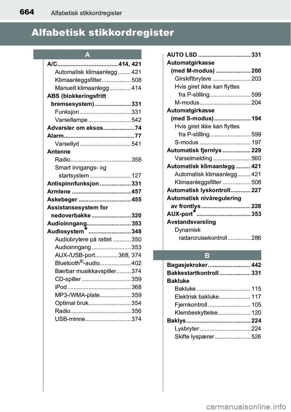 TOYOTA RAV4 2016 Instruksjoner for bruk (in Norwegian) 664Alfabetisk stikkordregister
Alfabetisk stikkordregister
A/C..................................... 414, 421
Automatisk klimaanlegg ........ 421
Klimaanleggsfilter.................. 508
Manuelt klimaa TOYOTA RAV4 2016 Instruksjoner for bruk (in Norwegian) 664Alfabetisk stikkordregister
Alfabetisk stikkordregister
A/C..................................... 414, 421
Automatisk klimaanlegg ........ 421
Klimaanleggsfilter.................. 508
Manuelt klimaa
