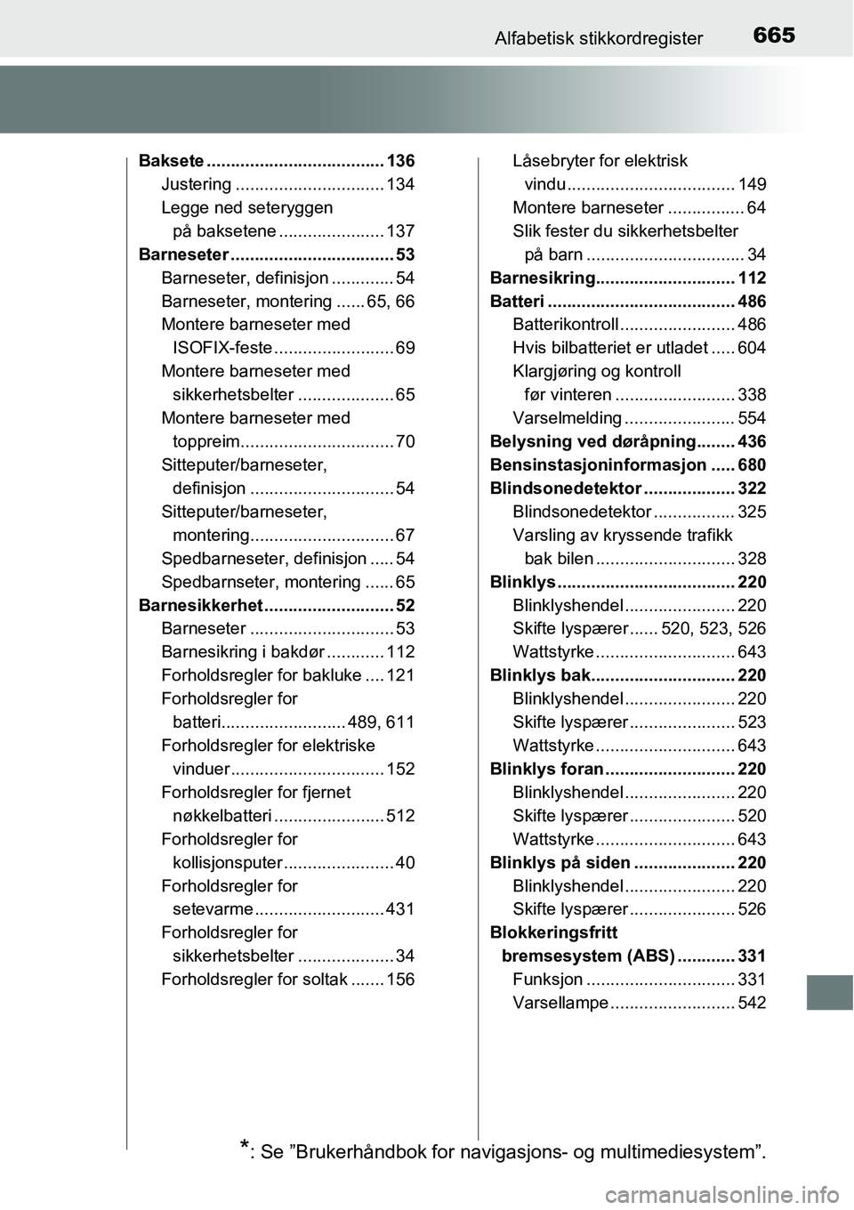 TOYOTA RAV4 2016 Instruksjoner for bruk (in Norwegian) 665Alfabetisk stikkordregister
Baksete ..................................... 136
Justering ............................... 134
Legge ned seteryggen
på baksetene ...................... 137
Barneseter TOYOTA RAV4 2016 Instruksjoner for bruk (in Norwegian) 665Alfabetisk stikkordregister
Baksete ..................................... 136
Justering ............................... 134
Legge ned seteryggen
på baksetene ...................... 137
Barneseter