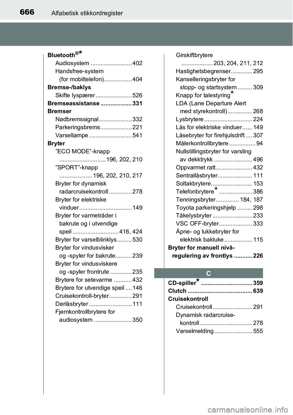TOYOTA RAV4 2016 Instruksjoner for bruk (in Norwegian) 666Alfabetisk stikkordregister
Bluetooth®*
Audiosystem ......................... 402
Handsfree-system
(for mobiltelefon)................. 404
Bremse-/baklys
Skifte lyspærer ...................... 5 TOYOTA RAV4 2016 Instruksjoner for bruk (in Norwegian) 666Alfabetisk stikkordregister
Bluetooth®*
Audiosystem ......................... 402
Handsfree-system
(for mobiltelefon)................. 404
Bremse-/baklys
Skifte lyspærer ...................... 5