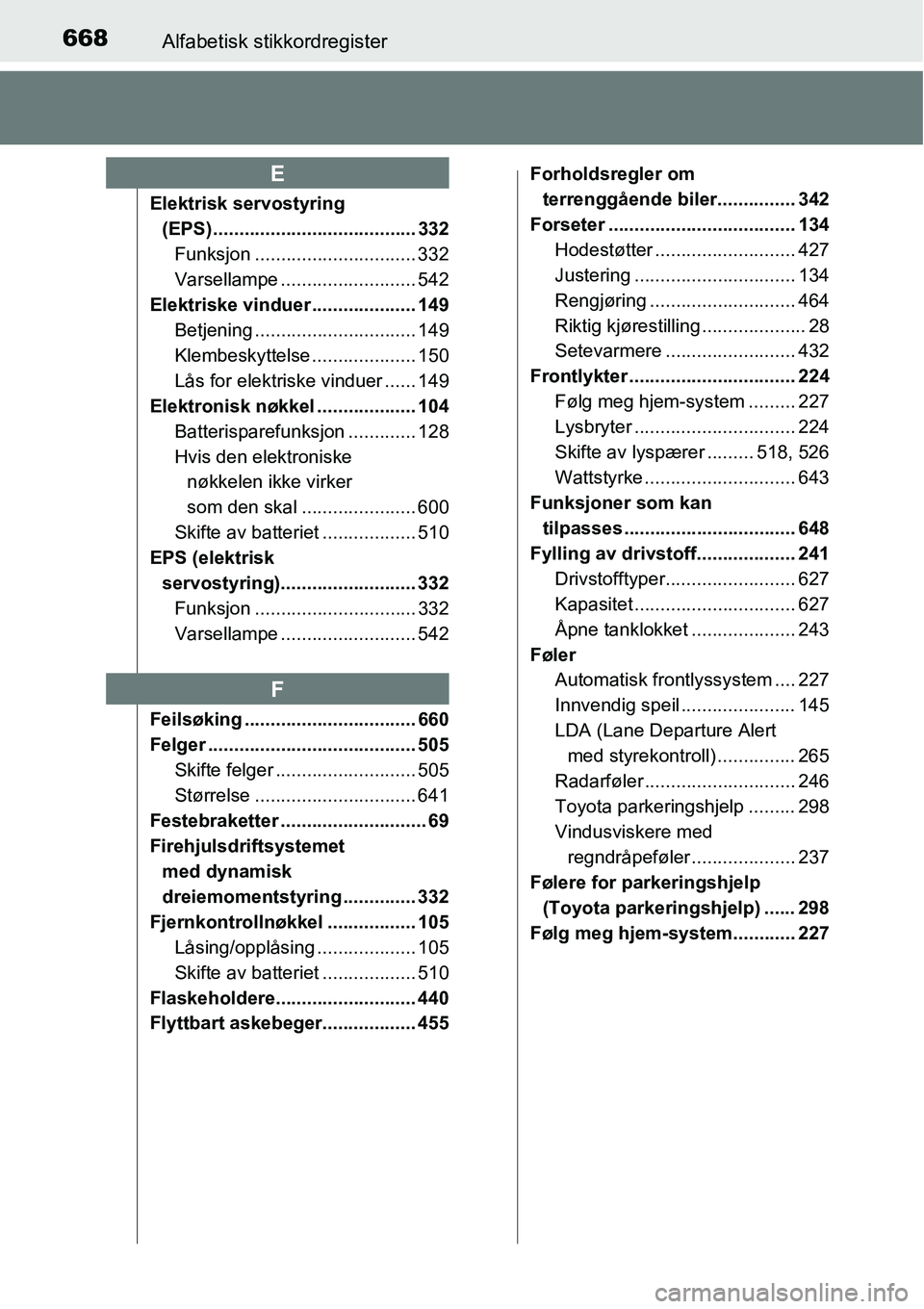 TOYOTA RAV4 2016 Instruksjoner for bruk (in Norwegian) 668Alfabetisk stikkordregister
Elektrisk servostyring
(EPS) ....................................... 332
Funksjon ............................... 332
Varsellampe .......................... 542
Elektri TOYOTA RAV4 2016 Instruksjoner for bruk (in Norwegian) 668Alfabetisk stikkordregister
Elektrisk servostyring
(EPS) ....................................... 332
Funksjon ............................... 332
Varsellampe .......................... 542
Elektri