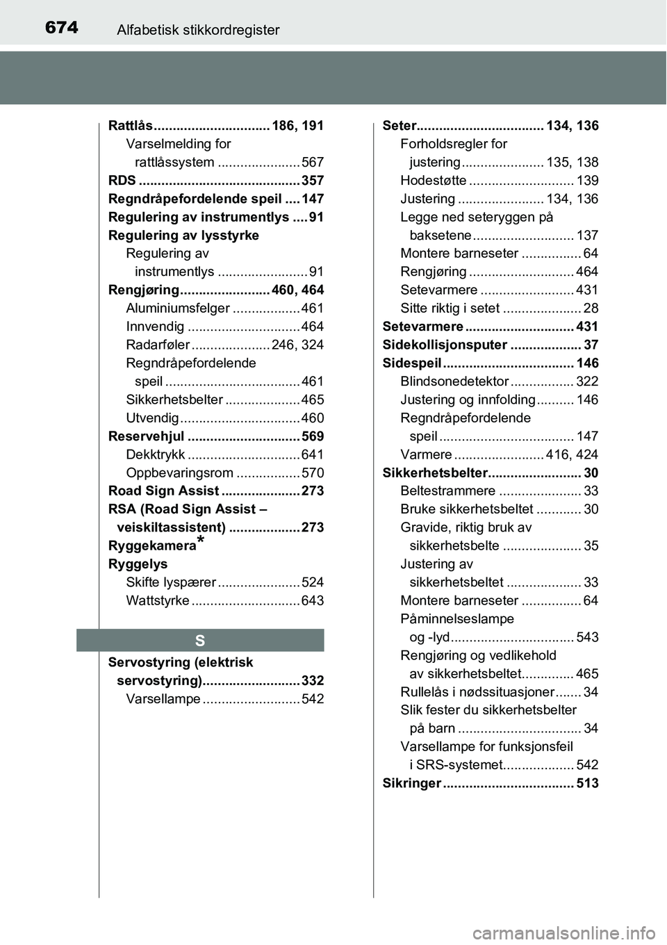 TOYOTA RAV4 2016 Instruksjoner for bruk (in Norwegian) 674Alfabetisk stikkordregister
Rattlås ............................... 186, 191
Varselmelding for
rattlåssystem ...................... 567
RDS ........................................... 357
Regndr TOYOTA RAV4 2016 Instruksjoner for bruk (in Norwegian) 674Alfabetisk stikkordregister
Rattlås ............................... 186, 191
Varselmelding for
rattlåssystem ...................... 567
RDS ........................................... 357
Regndr