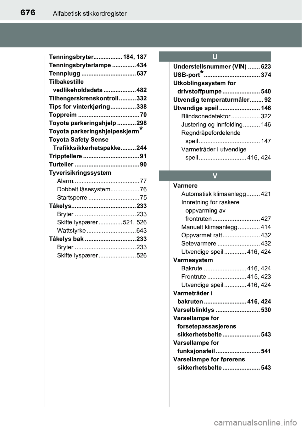 TOYOTA RAV4 2016 Instruksjoner for bruk (in Norwegian) 676Alfabetisk stikkordregister
Tenningsbryter................. 184, 187
Tenningsbryterlampe .............. 434
Tennplugg ................................ 637
Tilbakestille
vedlikeholdsdata .......... TOYOTA RAV4 2016 Instruksjoner for bruk (in Norwegian) 676Alfabetisk stikkordregister
Tenningsbryter................. 184, 187
Tenningsbryterlampe .............. 434
Tennplugg ................................ 637
Tilbakestille
vedlikeholdsdata ..........
