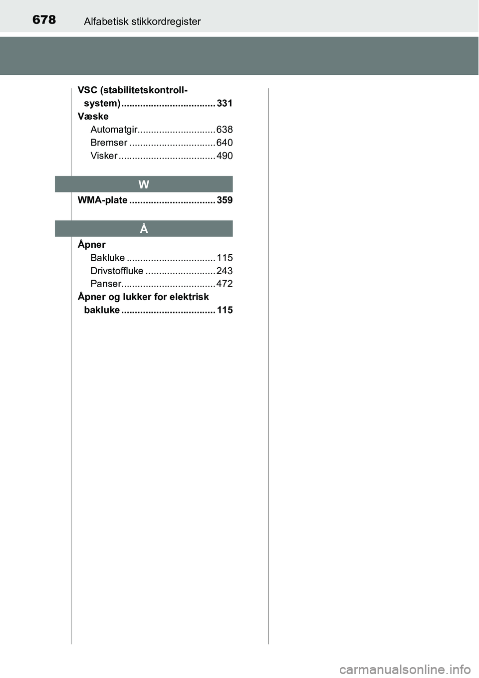 TOYOTA RAV4 2016 Instruksjoner for bruk (in Norwegian) 678Alfabetisk stikkordregister
VSC (stabilitetskontroll-
system) ................................... 331
Væske
Automatgir............................. 638
Bremser ................................ 64 TOYOTA RAV4 2016 Instruksjoner for bruk (in Norwegian) 678Alfabetisk stikkordregister
VSC (stabilitetskontroll-
system) ................................... 331
Væske
Automatgir............................. 638
Bremser ................................ 64