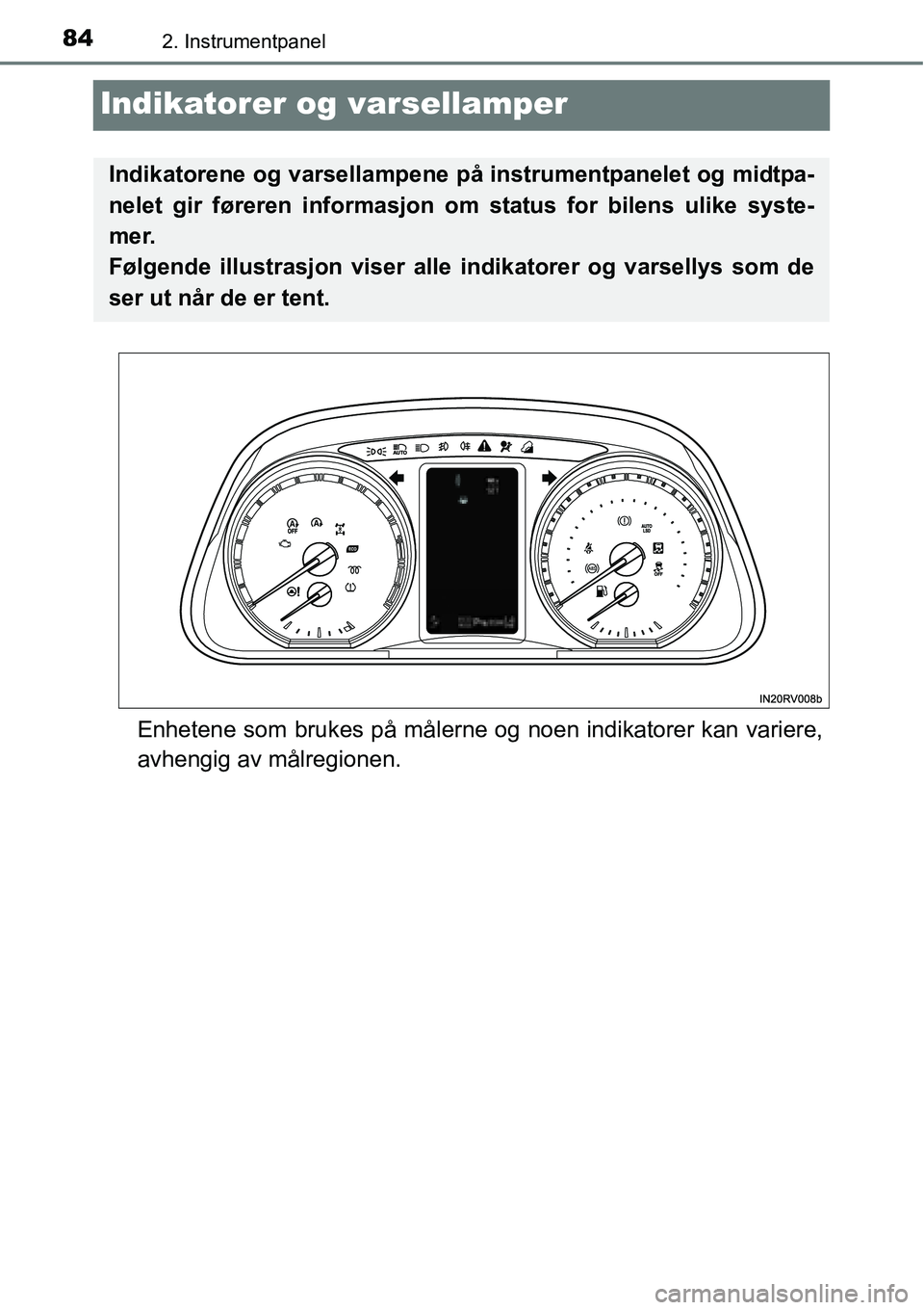 TOYOTA RAV4 2016 Instruksjoner for bruk (in Norwegian) 842. Instrumentpanel
Indikatorer og varsellamper
Enhetene som brukes på målerne og noen indikatorer kan variere,
avhengig av målregionen.
Indikatorene og varsellampene på instrumentpanelet og midt TOYOTA RAV4 2016 Instruksjoner for bruk (in Norwegian) 842. Instrumentpanel
Indikatorer og varsellamper
Enhetene som brukes på målerne og noen indikatorer kan variere,
avhengig av målregionen.
Indikatorene og varsellampene på instrumentpanelet og midt