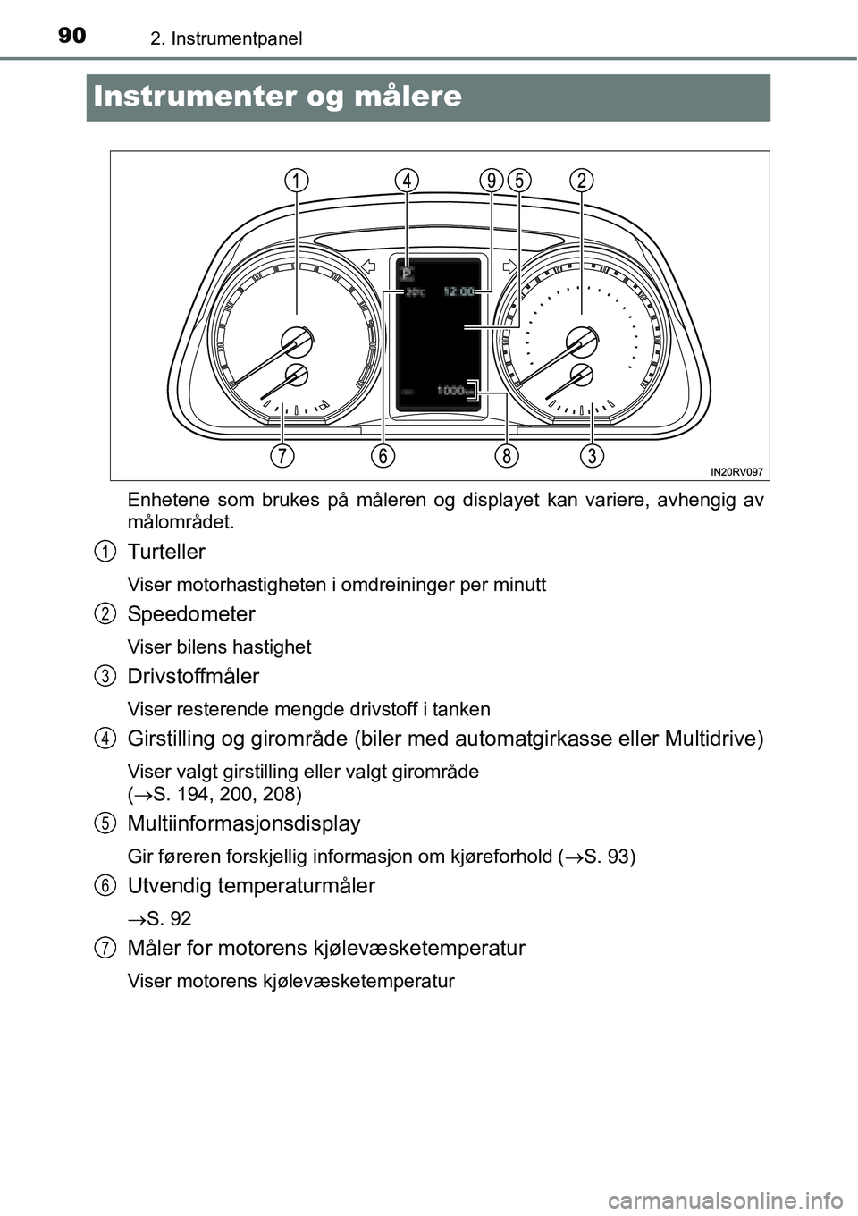 TOYOTA RAV4 2016 Instruksjoner for bruk (in Norwegian) 902. Instrumentpanel
Instrumenter og målere
Enhetene som brukes på måleren og displayet kan variere, avhengig av
målområdet.
Turteller
Viser motorhastigheten i omdreininger per minutt
Speedometer TOYOTA RAV4 2016 Instruksjoner for bruk (in Norwegian) 902. Instrumentpanel
Instrumenter og målere
Enhetene som brukes på måleren og displayet kan variere, avhengig av
målområdet.
Turteller
Viser motorhastigheten i omdreininger per minutt
Speedometer