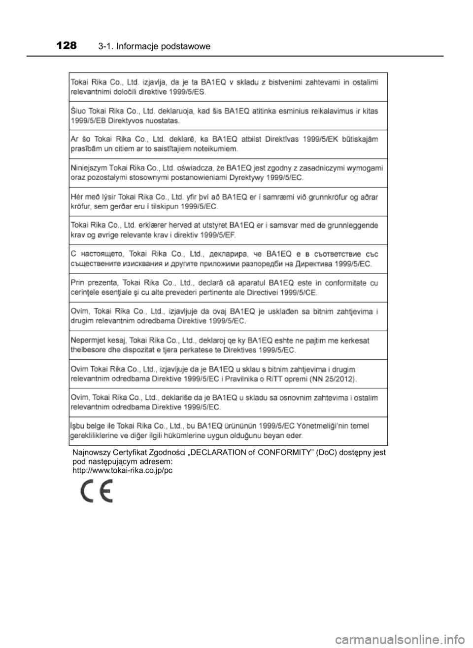 TOYOTA RAV4 2016  Instrukcja obsługi (in Polish) 1283-1. Informacje podstawowe
Najnowszy Cer tyfikat ZgodnoÊci „DECLARATION of CONFORMITY” (DoC) dost´pny jest
pod nast´pujàcym adresem:
http://www.tokai-rika.co.jp/pc
52 RAV4_OM42B22E  12/11/1