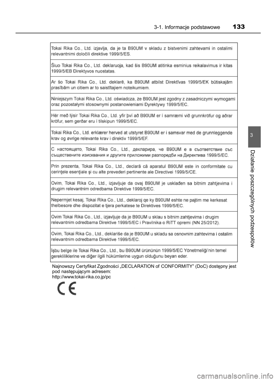 TOYOTA RAV4 2016  Instrukcja obsługi (in Polish) 3-1. Informacje podstawowe133
3
Dzia∏anie poszczególnych podzespo∏ów
Najnowszy Cer tyfikat ZgodnoÊci „DECLARATION of CONFORMITY” (DoC) dost´pny jest
pod nast´pujàcym adresem:
http://www.