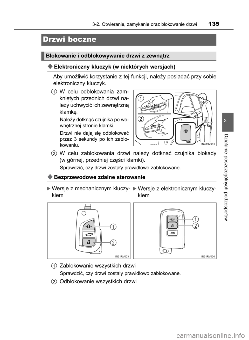 TOYOTA RAV4 2016  Instrukcja obsługi (in Polish) Elektroniczny kluczyk (w niektórych wersjach)
Aby umo˝liwiç korzystanie z tej funkcji, nale˝y posiadaç przy sobie
elektroniczny kluczyk.
W celu  odblokowania  zam-
kni´tych  przednich  drzwi  n