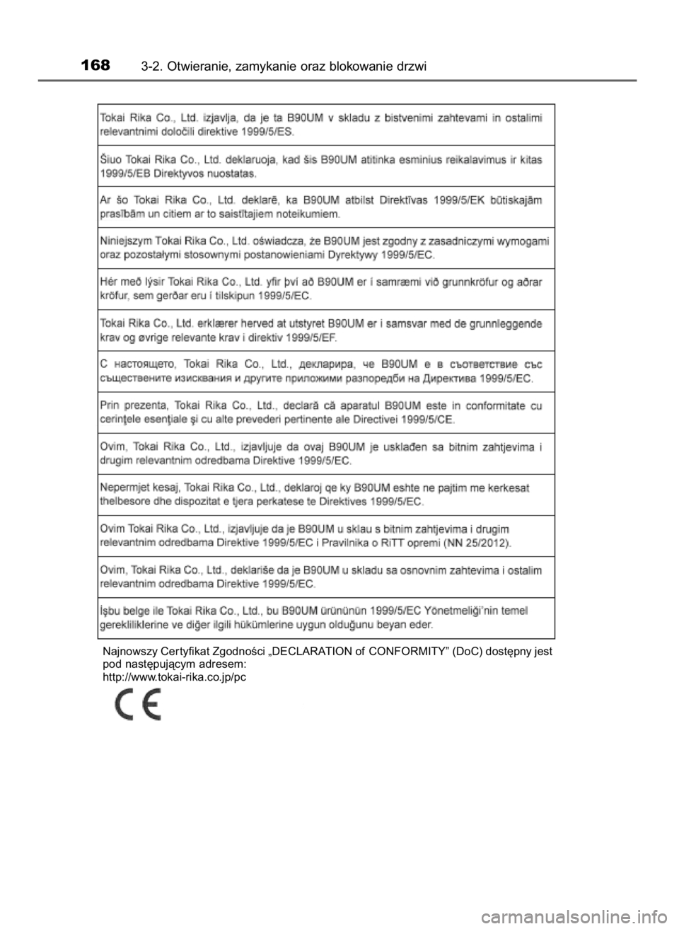 TOYOTA RAV4 2016  Instrukcja obsługi (in Polish) 1683-2. Otwieranie, zamykanie oraz blokowanie drzwi
Najnowszy Cer tyfikat ZgodnoÊci „DECLARATION of CONFORMITY” (DoC) dost´pny jest
pod nast´pujàcym adresem:
http://www.tokai-rika.co.jp/pc
52 