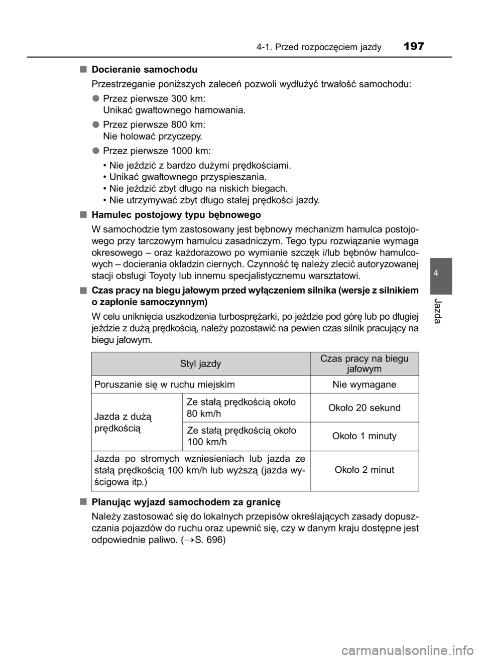 TOYOTA RAV4 2016  Instrukcja obsługi (in Polish) Docieranie samochodu
Przestrzeganie poni˝szych zaleceƒ pozwoli wyd∏u˝yç trwa∏oÊç samochodu:
Przez pierwsze 300 km:
Unikaç gwa∏townego hamowania.
Przez pierwsze 800 km:
Nie holowaç przycz