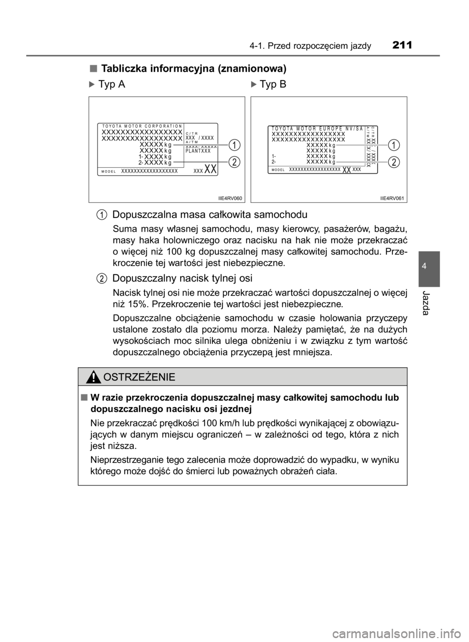 TOYOTA RAV4 2016  Instrukcja obsługi (in Polish) Tabliczka informacyjna (znamionowa)
óTyp Aó Typ B
Dopuszczalna masa ca∏kowita samochodu
Suma  masy  w∏asnej  samochodu,  masy  kierowcy,  pasa˝erów,  baga˝u,
masy  haka  holowniczego  oraz  n