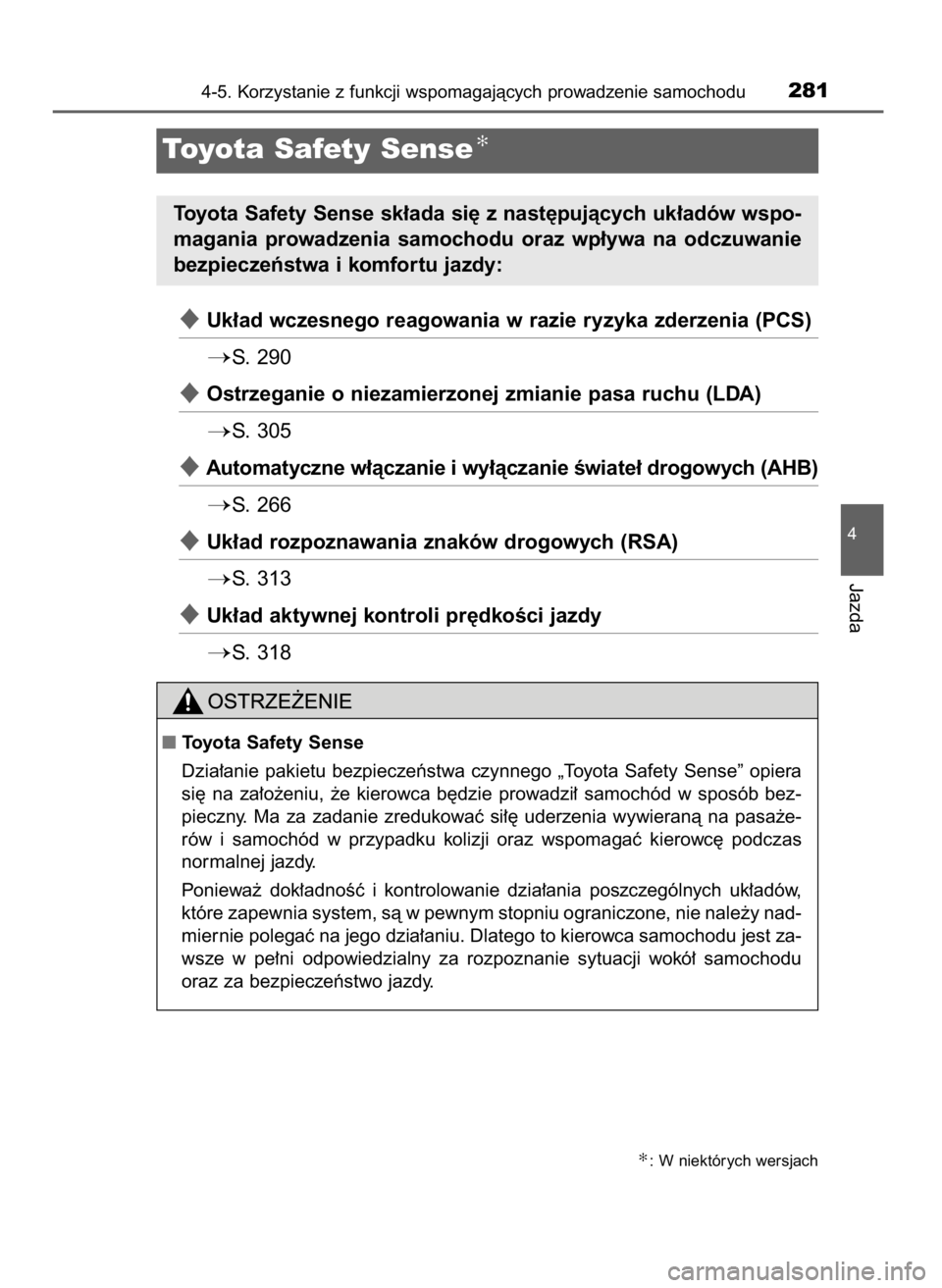 TOYOTA RAV4 2016  Instrukcja obsługi (in Polish) Uk∏ad wczesnego reagowania w razie ryzyka zderzenia (PCS)
S.  290
Ostrzeganie o niezamierzonej zmianie pasa ruchu (LDA)
S. 305
Automatyczne w∏àczanie i wy∏àczanie Êwiate∏ drogowych (AH