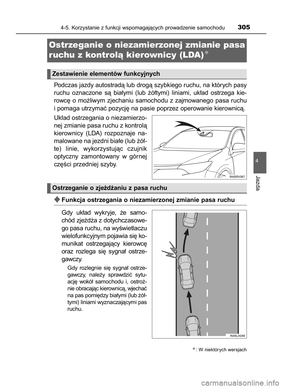 TOYOTA RAV4 2016  Instrukcja obsługi (in Polish) Podczas jazdy autostradà lub drogà szybkiego ruchu, na których pasy
ruchu  oznaczone  sà  bia∏ymi  (lub  ˝ó∏tymi)  liniami,  uk∏ad  ostrzega  kie-
rowc´  o mo˝liwym  zjechaniu  samochodu