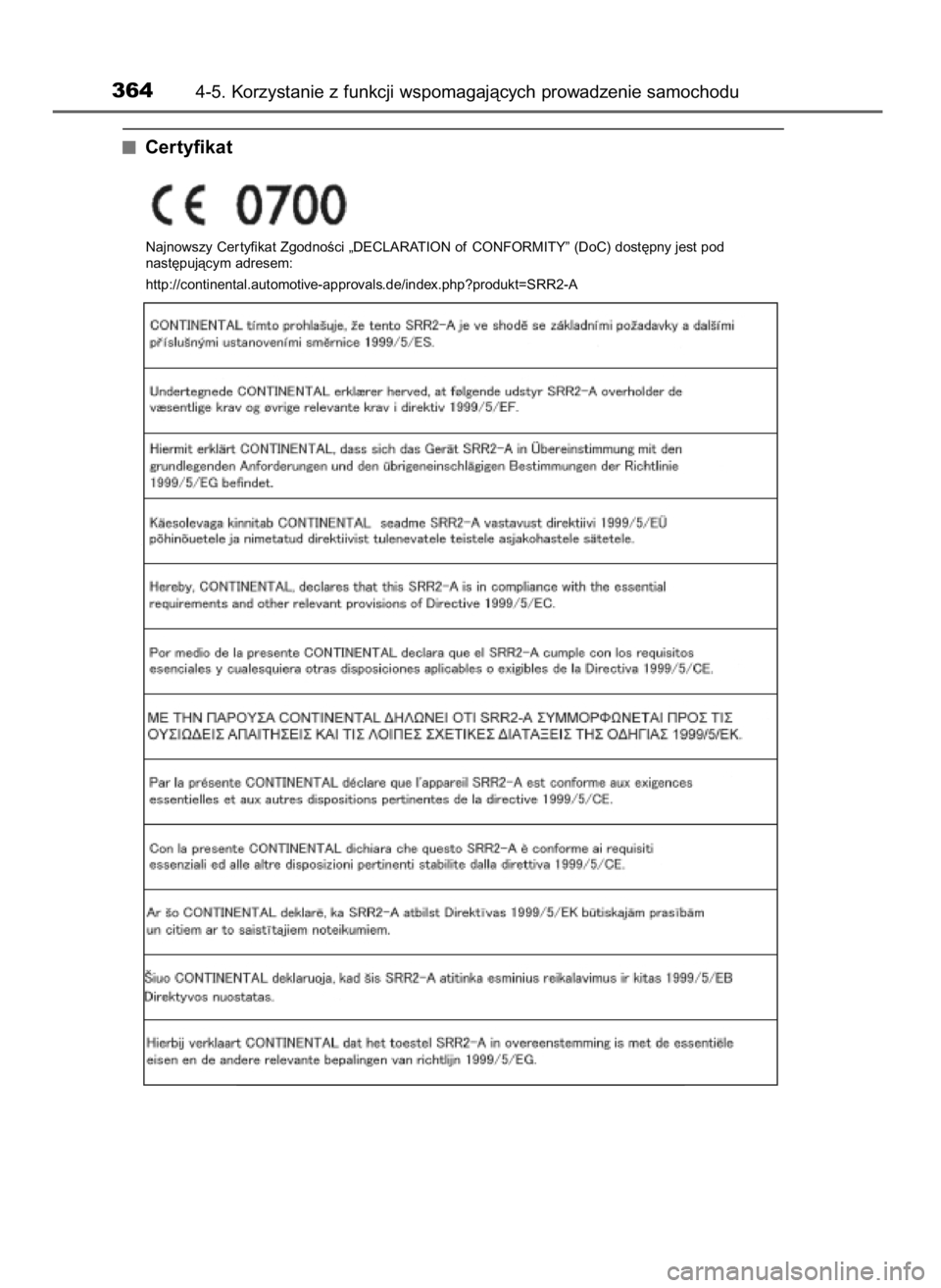 TOYOTA RAV4 2016 Instrukcja obsługi (in Polish) 3644-5. Korzystanie z funkcji wspomagajàcych prowadzenie samochodu
Certyfikat
Najnowszy Cer tyfikat ZgodnoÊci „DECLARATION of CONFORMITY” (DoC) dost´pny jest pod
nast´pujàcym adresem:
http: TOYOTA RAV4 2016 Instrukcja obsługi (in Polish) 3644-5. Korzystanie z funkcji wspomagajàcych prowadzenie samochodu
Certyfikat
Najnowszy Cer tyfikat ZgodnoÊci „DECLARATION of CONFORMITY” (DoC) dost´pny jest pod
nast´pujàcym adresem:
http: