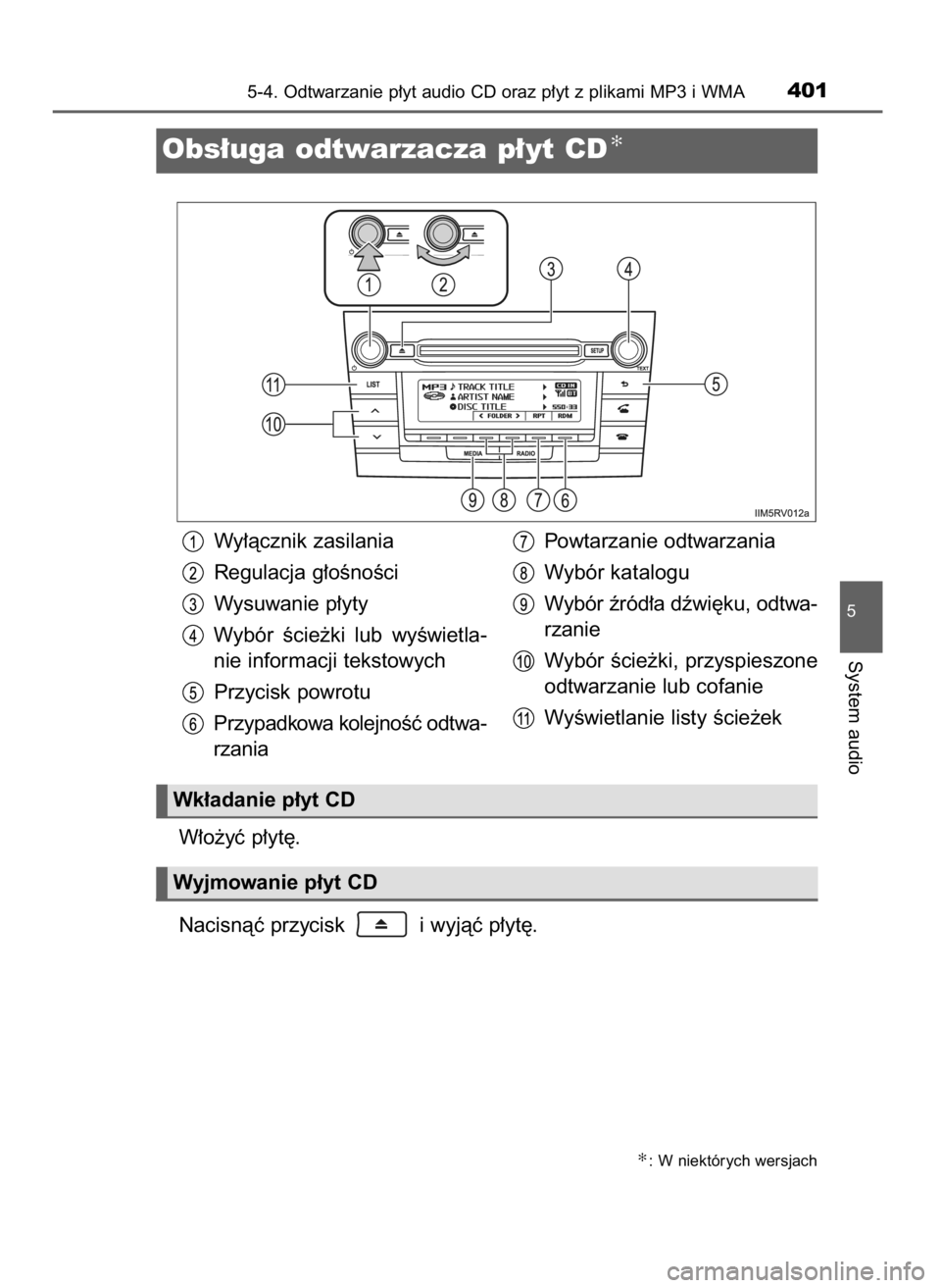 TOYOTA RAV4 2016  Instrukcja obsługi (in Polish) W∏o˝yç p∏yt´.
Nacisnàç przycisk  i wyjàç p∏yt´.
5-4. Odtwarzanie p∏yt audio CD oraz p∏yt z plikami MP3 i WMA401
5
System audio
Obs∏uga odtwarzacza p∏yt CD✻
Wy∏àcznik zasilan