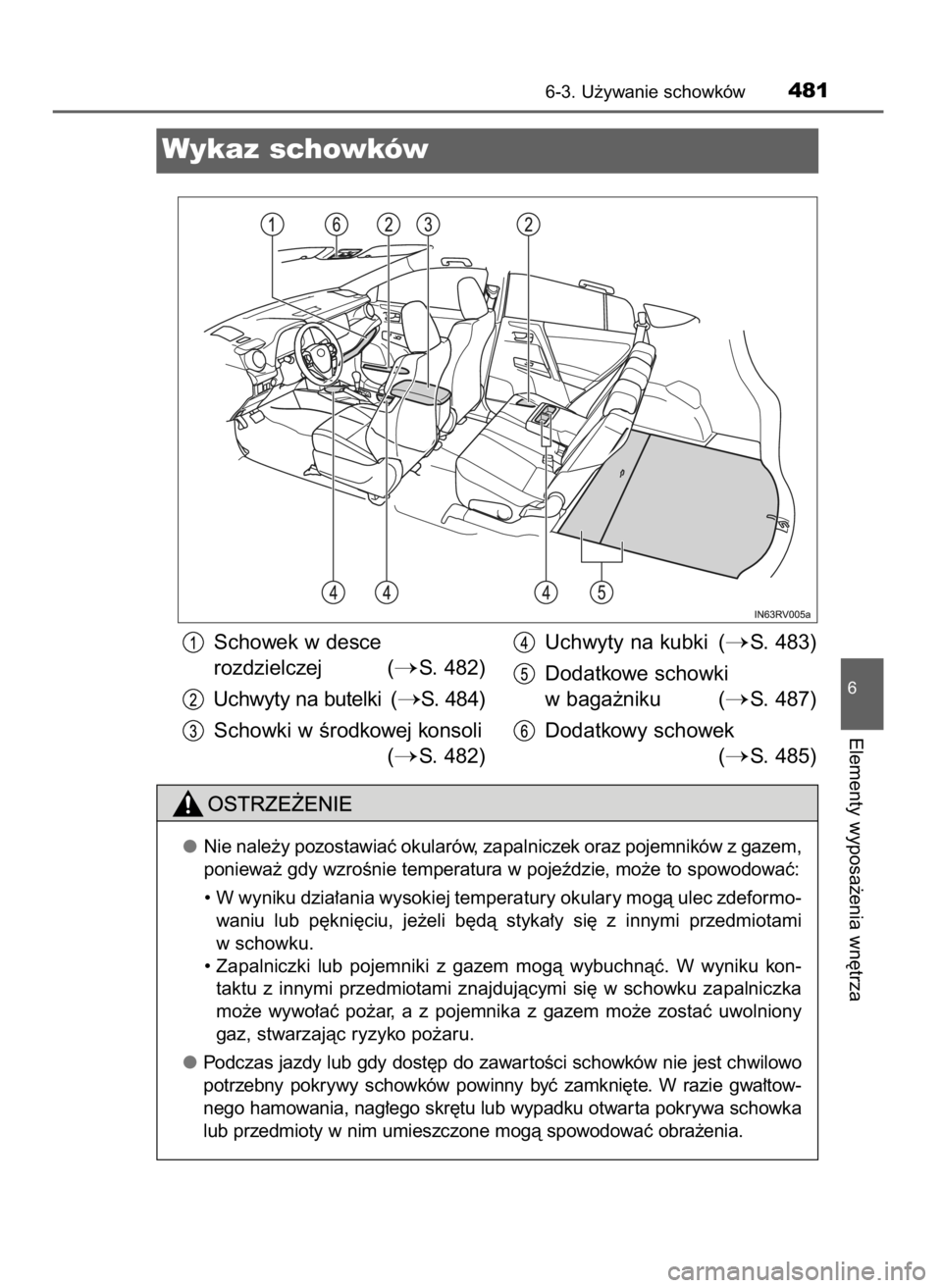 TOYOTA RAV4 2016 Instrukcja obsługi (in Polish) 6-3. U˝ywanie schowków481
6
Elementy wyposa˝enia wn´trza
Wykaz schowków
Nie nale˝y pozostawiaç okularów, zapalniczek oraz pojemników z gazem,
poniewa˝ gdy wzroÊnie temperatura w pojeêdzie, TOYOTA RAV4 2016 Instrukcja obsługi (in Polish) 6-3. U˝ywanie schowków481
6
Elementy wyposa˝enia wn´trza
Wykaz schowków
Nie nale˝y pozostawiaç okularów, zapalniczek oraz pojemników z gazem,
poniewa˝ gdy wzroÊnie temperatura w pojeêdzie,