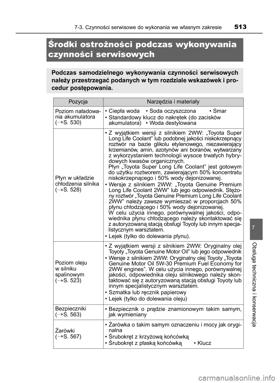TOYOTA RAV4 2016  Instrukcja obsługi (in Polish) 7-3. CzynnoÊci serwisowe do wykonania we w∏asnym zakresie513
7
Obs∏uga techniczna i konserwacja
Ârodki ostro˝noÊci podczas wykonywania
czynnoÊci serwisowych
Podczas  samodzielnego  wykonywani