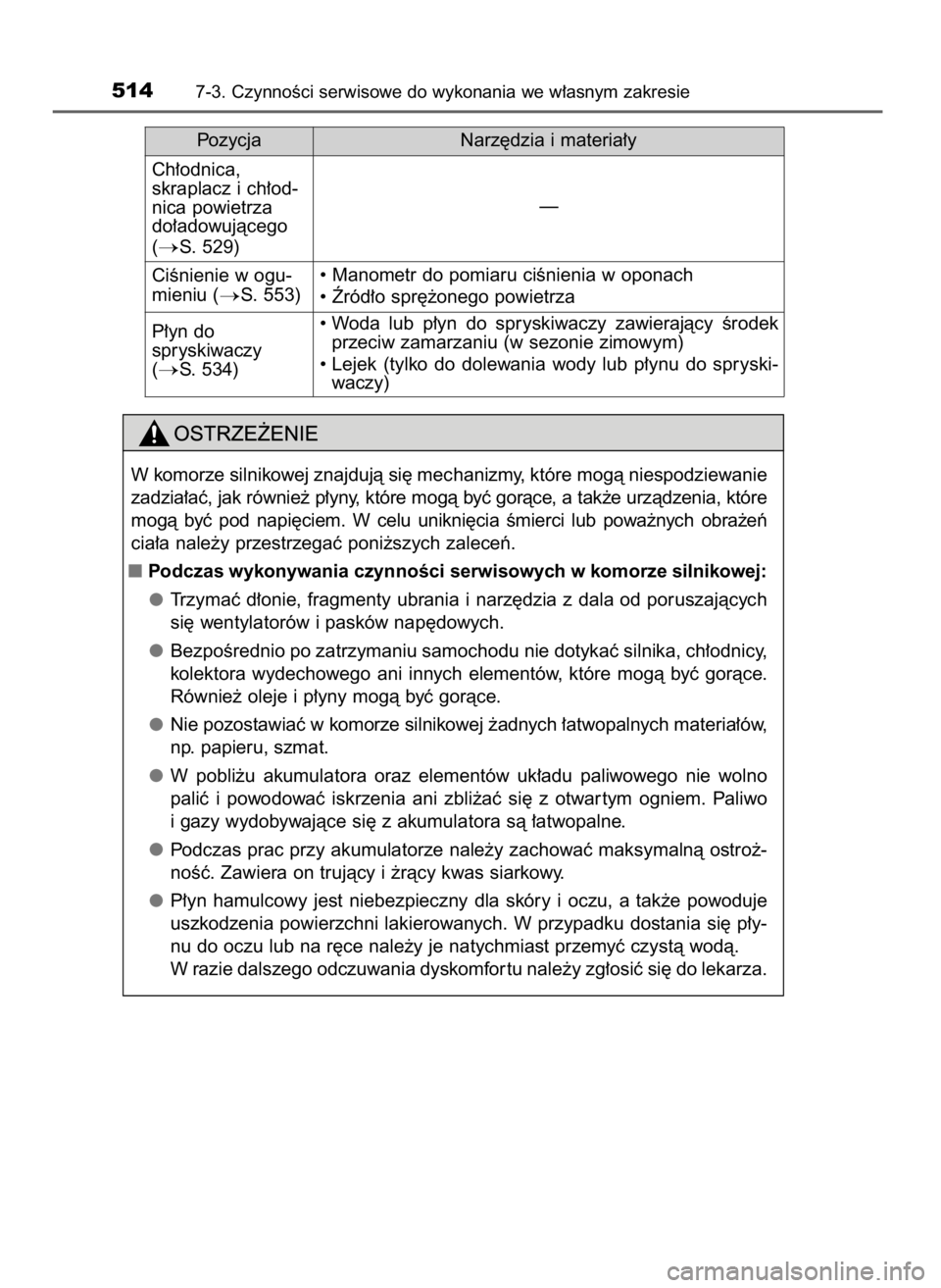 TOYOTA RAV4 2016  Instrukcja obsługi (in Polish) 5147-3. CzynnoÊci serwisowe do wykonania we w∏asnym zakresie
W komorze silnikowej znajdujà si´ mechanizmy, które mogà niespodziewanie
zadzia∏aç, jak równie˝ p∏yny, które mogà byç gor