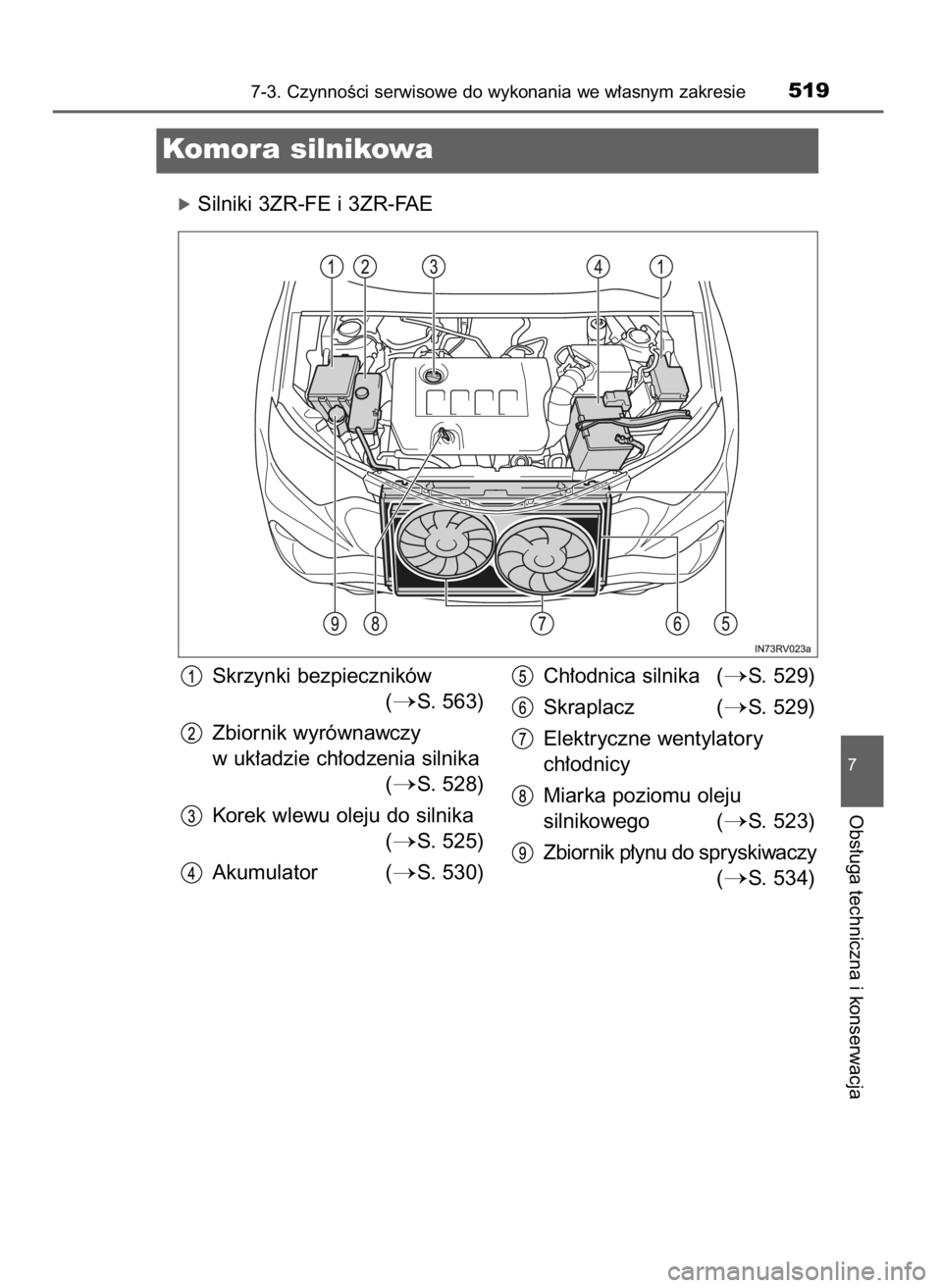 TOYOTA RAV4 2016  Instrukcja obsługi (in Polish) óSilniki 3ZR-FE i 3ZR-FAE
7-3. CzynnoÊci serwisowe do wykonania we w∏asnym zakresie519
7
Obs∏uga techniczna i konserwacja
Komora silnikowa
Skrzynki bezpieczników 
(
S. 563)
Zbiornik wyrównawc