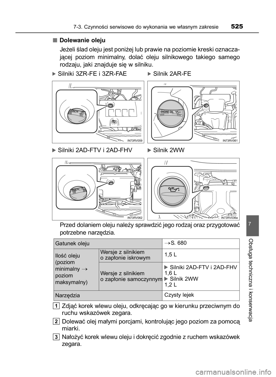 TOYOTA RAV4 2016  Instrukcja obsługi (in Polish) Dolewanie oleju
Je˝eli Êlad oleju jest poni˝ej lub prawie na poziomie kreski oznacza-
jàcej  poziom  minimalny,  dolaç  oleju  silnikowego  takiego  samego
rodzaju, jaki znajduje si´ w silniku.
