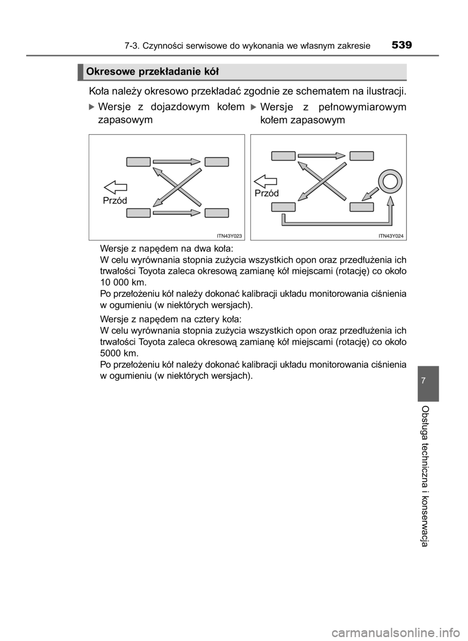 TOYOTA RAV4 2016  Instrukcja obsługi (in Polish) Ko∏a nale˝y okresowo przek∏adaç zgodnie ze schematem na ilustracji.
óWersje  z dojazdowym  ko∏em 
zapasowym
Wersje z nap´dem na dwa ko∏a:
W celu wyrównania stopnia zu˝ycia wszystkich opo