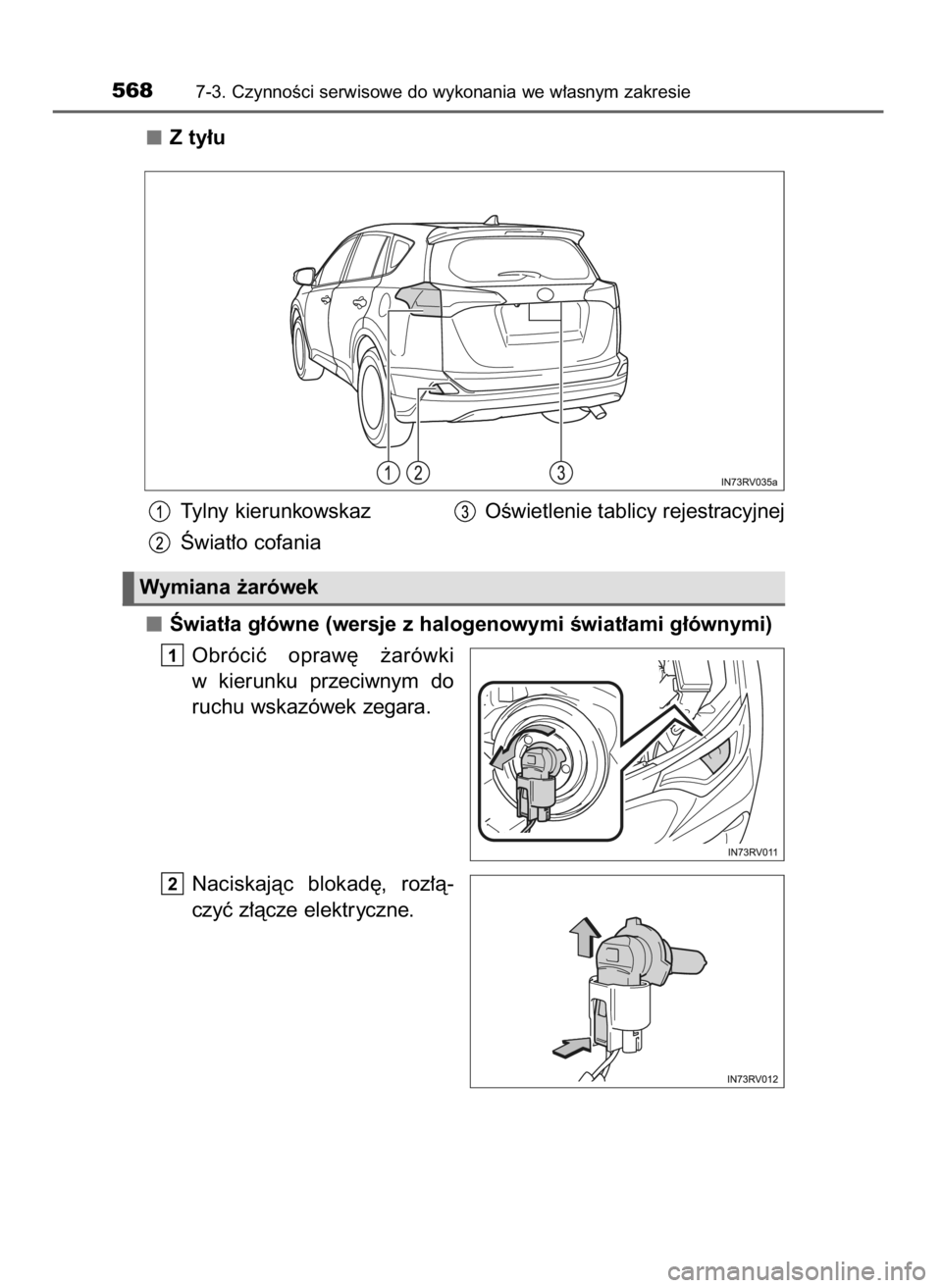 TOYOTA RAV4 2016  Instrukcja obsługi (in Polish) Z ty∏u
Tylny kierunkowskaz OÊwietlenie tablicy rejestracyjnej
Âwiat∏o cofania
Âwiat∏a g∏ówne (wersje z halogenowymi Êwiat∏ami g∏ównymi)
Obróciç  opraw´  ˝arówki
w kierunku  prze